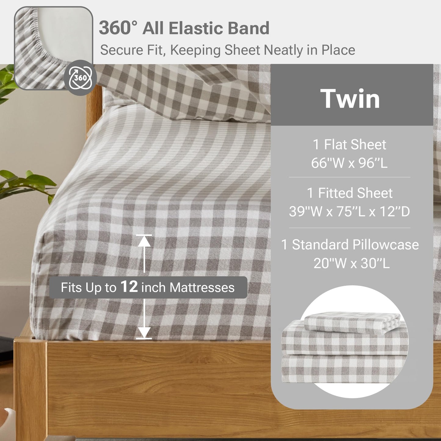 Sleep Philosophy True North 100% Cotton Flannel Sheets Twin Size, Cozy Flannel Sheet Set Brushed for Extra Softness, Heavyweight Novelty Print Warm Flannel Bedding Set, Gray Herringbone Check 3 Piece