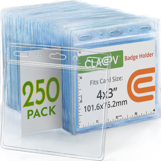 Claev - Horizontal Flexible and Tear Resistant Card Protector - Clear, 4x3 Inch, 250 Pack - Large Easy Open Plastic ID Name Badge Holders for Conferences, Conventions, Offices & Schools