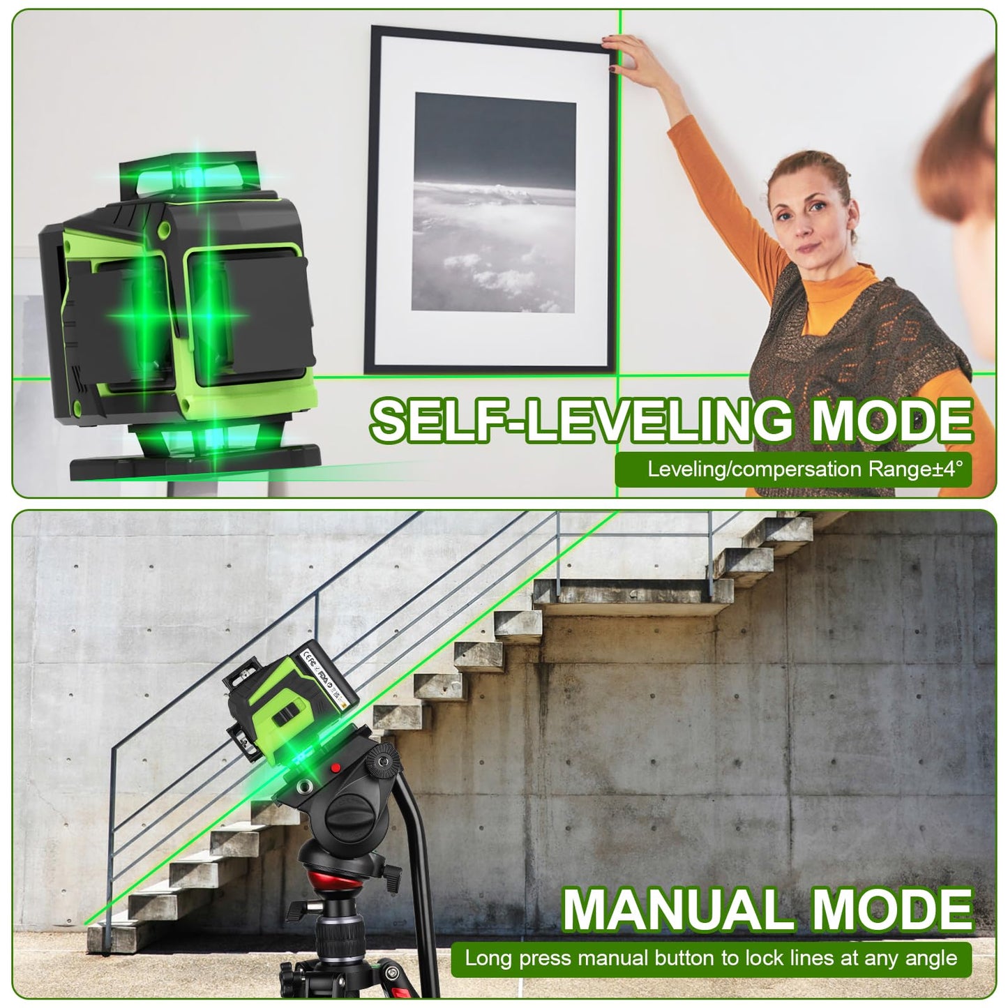 Laser Level,16 Line Laser Level 360 Self Leveling,4x360°4D Green Cross Line Laser for Construction and Picture Hanging,lazer leveler tool with 2 Batteries,Magnetic Bracket & Remote Controller