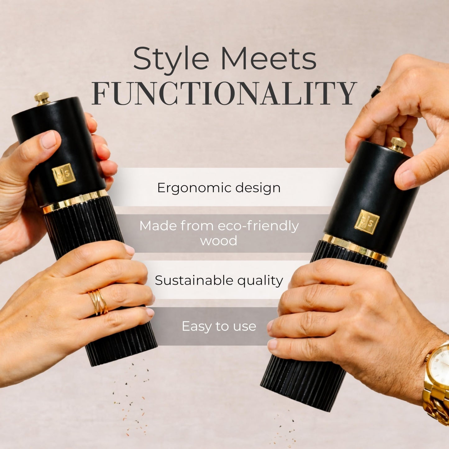 Wooden Salt and Pepper Grinder Set – Refillable Manual Salt and Pepper Mills with Adjustable Ceramic Burrs, Gold Detailing, and Wood Stand – Dark Wood
