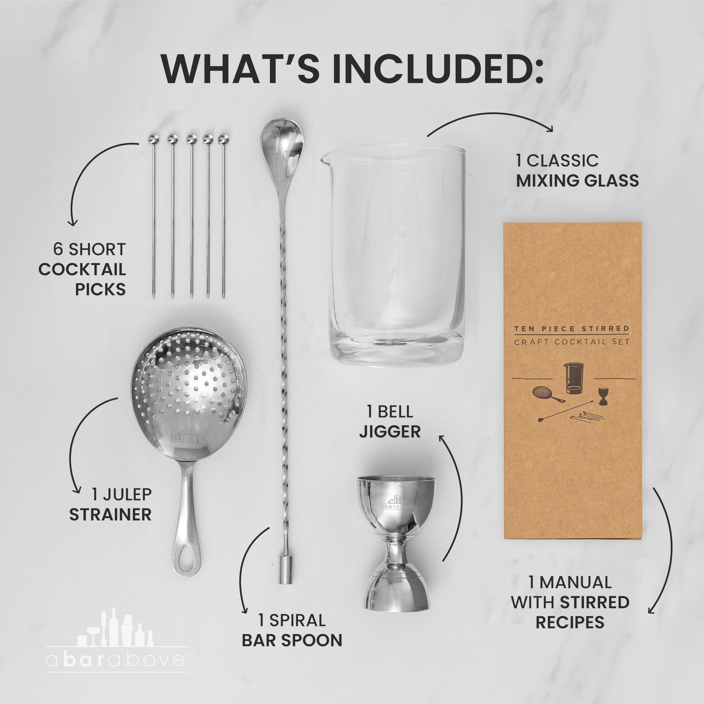 A Bar Above 10 Piece Cocktail Mixing Glass Set, Lead Free Cocktail Set with Mixing Glass, Bar Spoon, Julep Strainer, Bell Jigger and Picks, Bar Accessories, Ideal for Martinis, Whiskey and Negronis