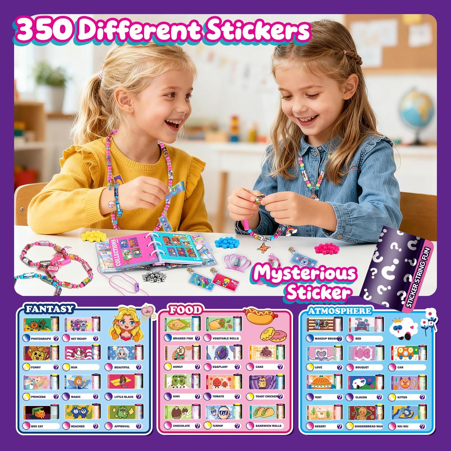 DIY Sticker Bracelet Maker, with 350pcs Mini Rolls Stickers, 12 Cute Pendants &Collect Book,Jewelry Necklace Making Kit,Fun Arts and Crafts for Kids 5-12, Birthday Party Gift,Toys for 5 Year Old Girls