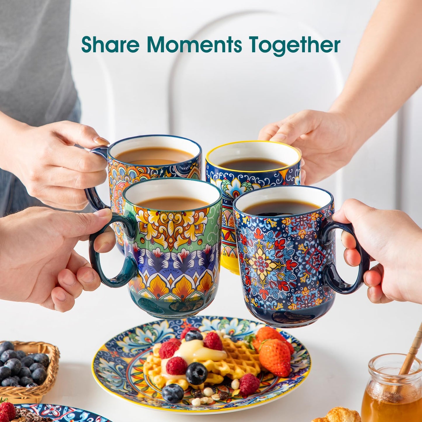 vancasso Simi Boho Coffee Mugs Set of 6, 14 oz Ceramic Mugs with Handle, Colorful Porcelain Cups Microwave Dishwasher Safe, for Latte Tea Cappuccino Cocoa Hot Chocolate