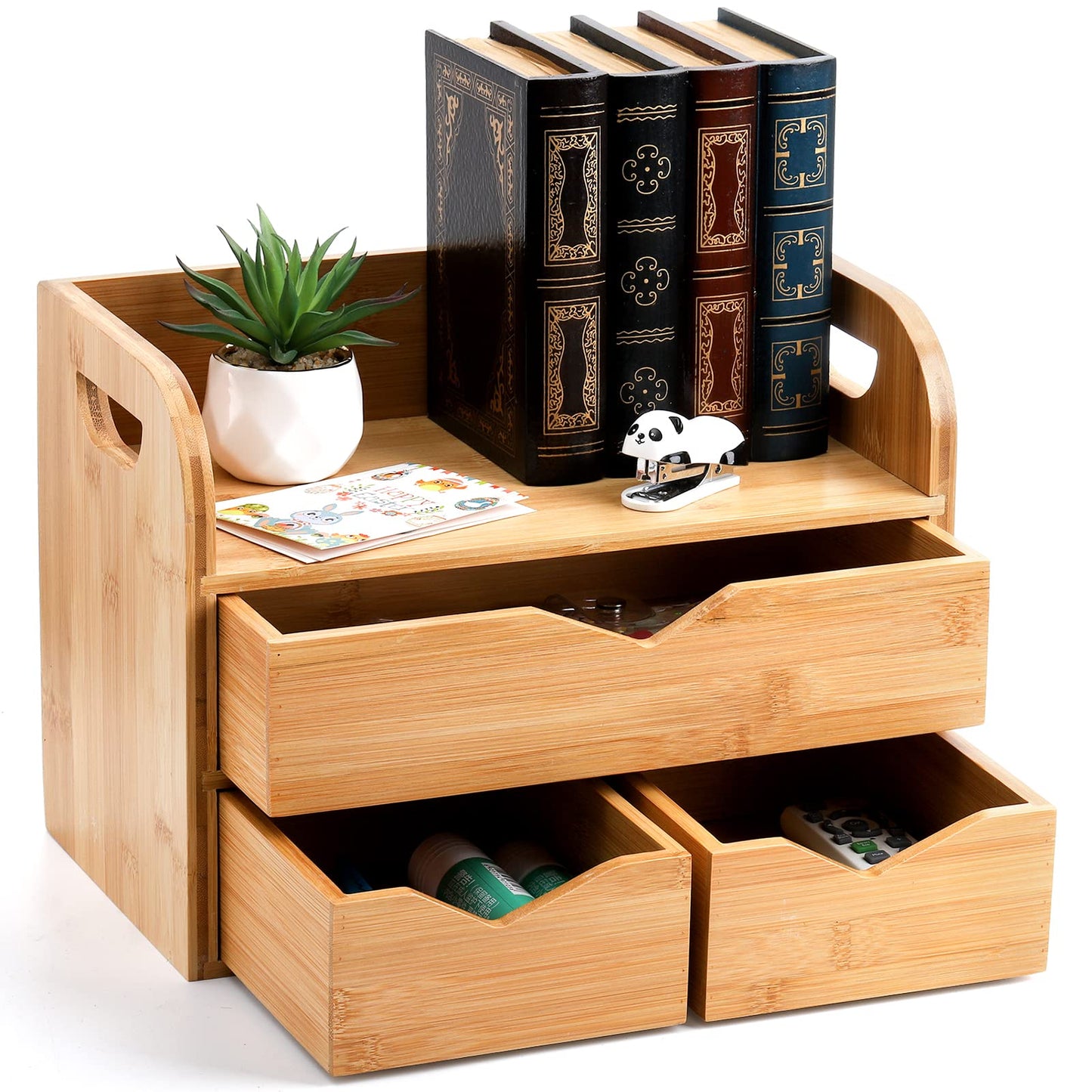 Hacaroa 3 Tier Bamboo Desktop Organizer with 3 Drawers, Tabletop Craft Box Cosmetic Storage Drawer with Handle, Portable Desk Letter Mail Sorter for Office Supply, Toiletries