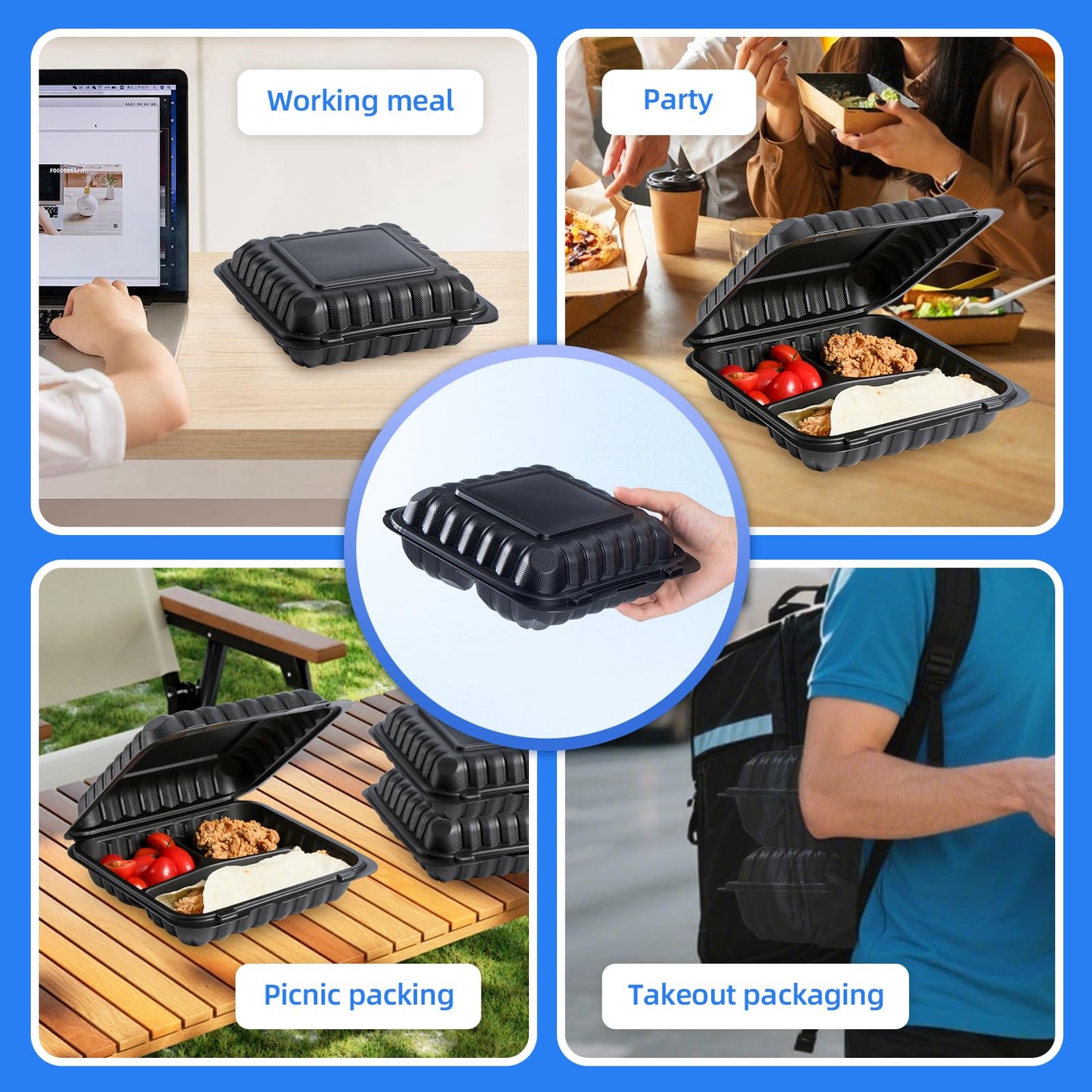 YANGRUI Food Containers Mineral Filled PP Plastic - 55 Pack 8x8 34 oz BPA Free | Shrink Wrap Microwave Safe | Reusable & Disposable Heavy Duty Clamshell Takeout | Black To Go 3 Compartment Lunch Box