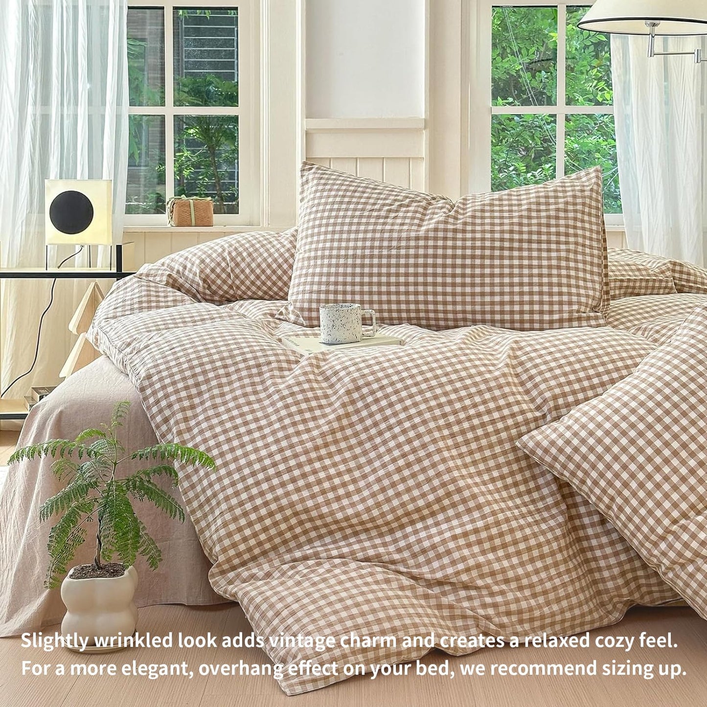 LifeTB Queen Comforter Set Tan Gingham Comforter Modern Style Beige Plaid Comforter Set 3 Pieces Fluffy Grid Checkered Comforter with 2 Pillowcases Boho Gingham Bedding Set Queen Size