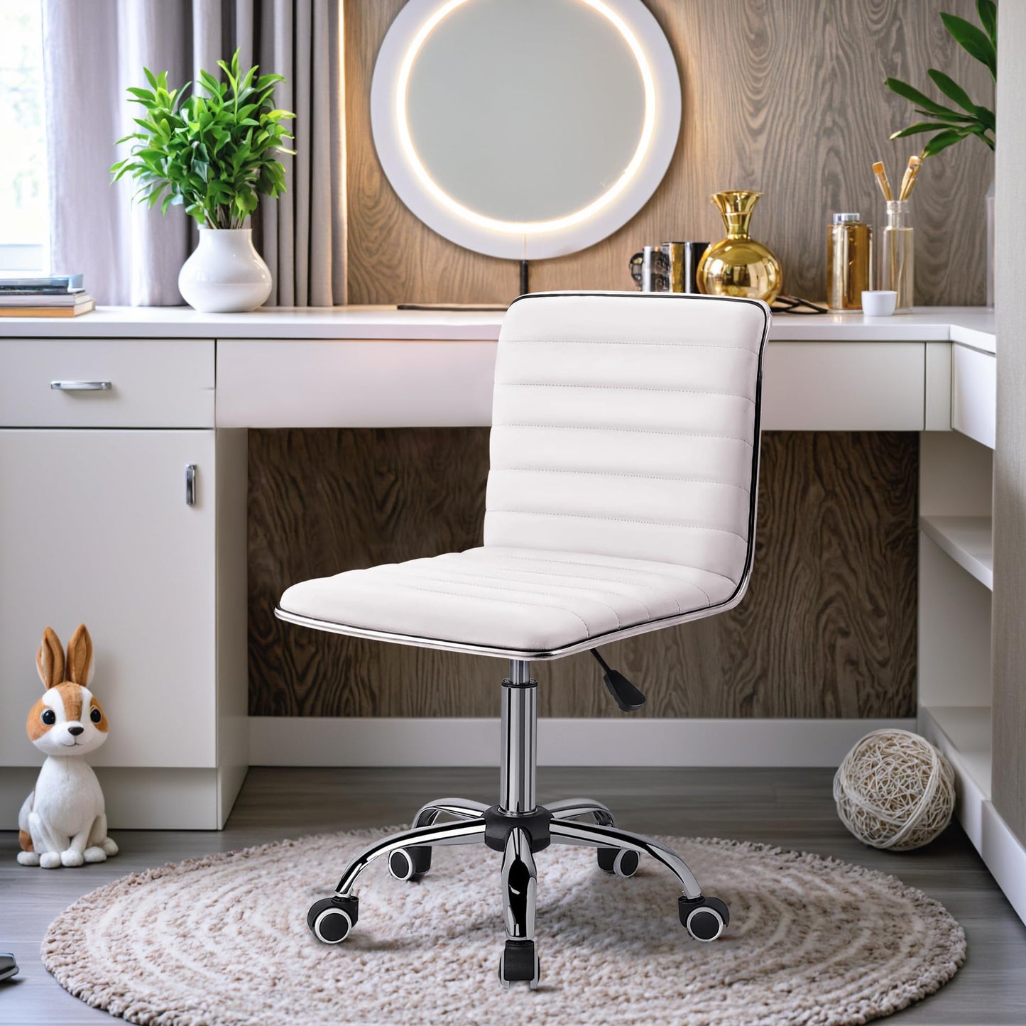 Furmax Vanity Office Desk Chair with Wheels, Armless Small Cute Leather Makeup Computer Task Chair Adjustable Height 360° Swivel (White)