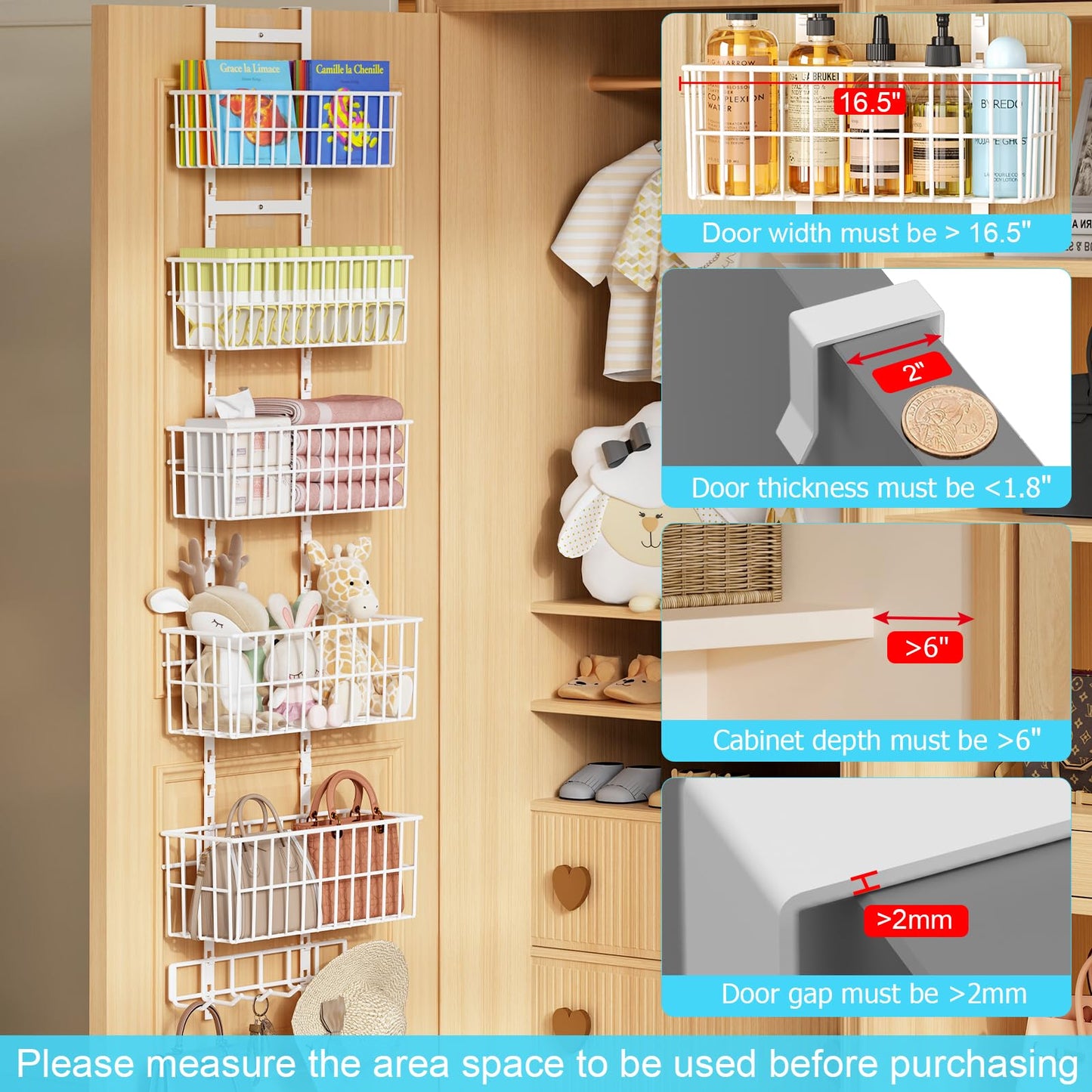 Hongtamoya Over The Door Organizer, Hanging Door Organizer with 5 Metal Baskets, Behind The Door Storage for Pantry Closet Bedroom Bathroom Cabinet Kitchen, White