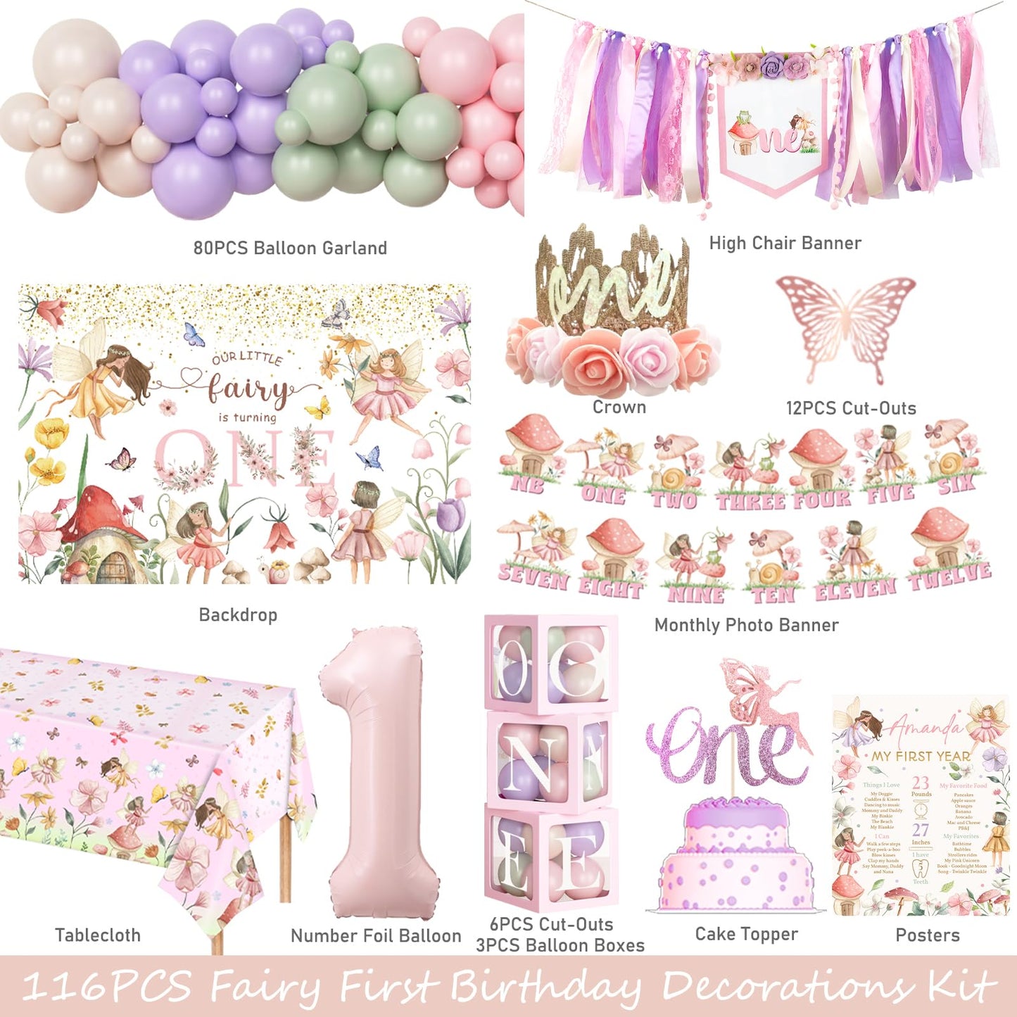 Fiesec Fairy First Birthday Decorations, Flower Themed 1st Birthday Party Decorations for Girl, Our Little Fairy is Turning One Backdrop Banner Tablecloth for Floral Forest Garden One Year Old Girl
