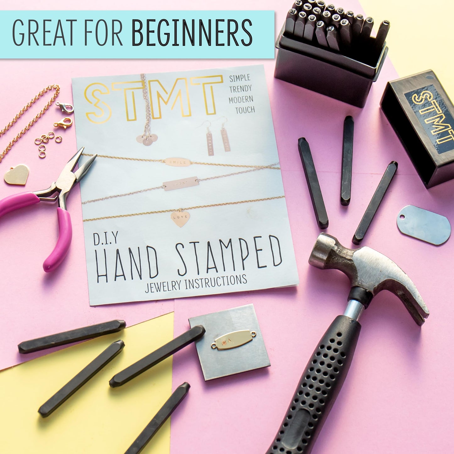 STMT DIY Hand Stamped Jewelry by Horizon Group USA, Create Personalized Vsco Girl Earrings, Bracelets & Necklaces with A Metal Letter Stamp Set, Hammer, Stamping Block, Charms & Earrings Included