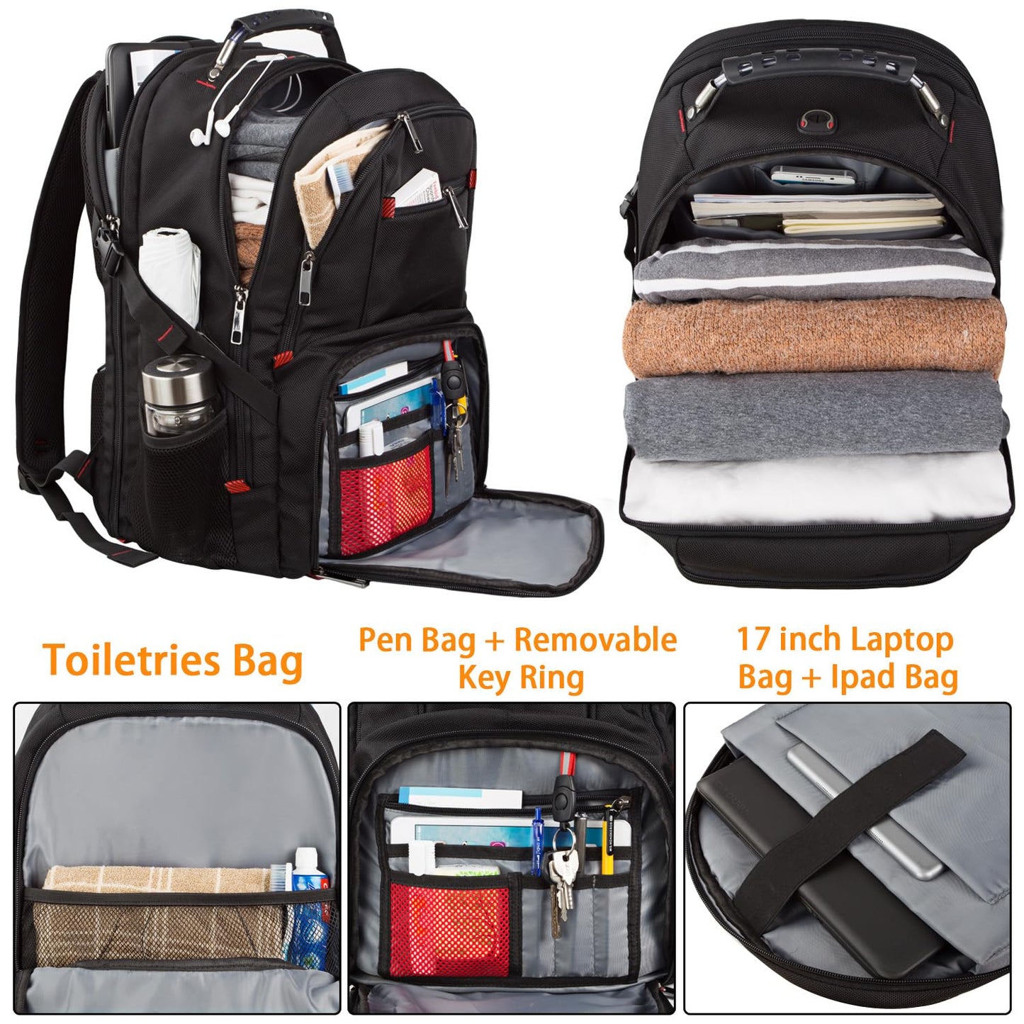 LTINVECK Travel Laptop Backpack, Extra Large Backpack for Men Women, TSA Friendly Heavy Duty Big Business Computer Bag Tech Backpacks Bag Fit 17 Inch Laptops, RFID Backbag
