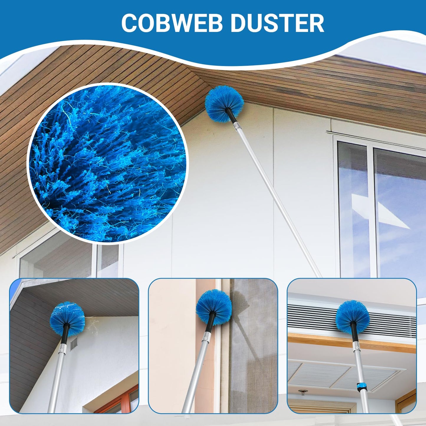 20FT High Ceiling Fan Duster with 5-12FT Extension Pole, Extendable Reusable Cobweb and Bendable Feather Duster Kit for Cleaning Spiderweb and Dust