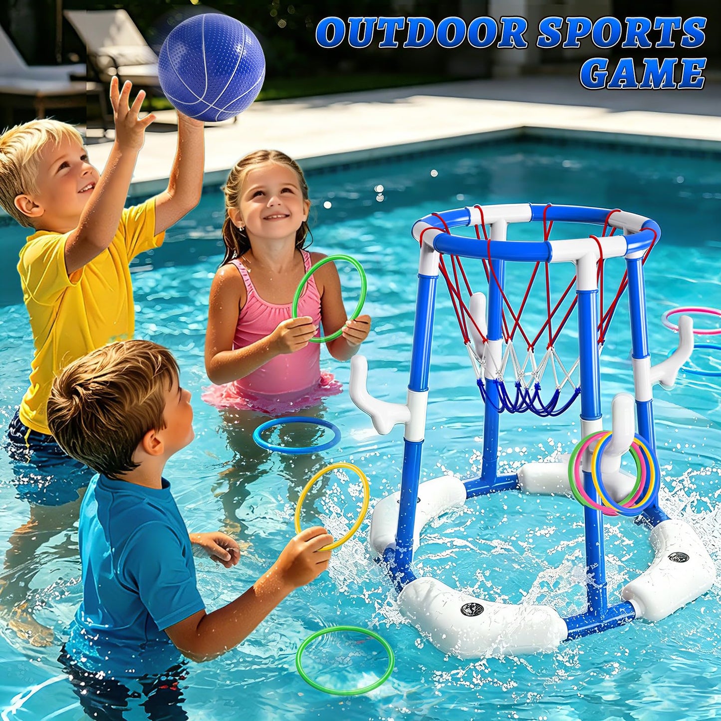 Sitodier Pool Basketball Hoop, 4-in-1 Floating Basketball Hoop with Rings Game Shooting Game and Sticky Balls for Family Party, Outdoor Swimming Pool Games Summer Water Sports Toy for Kids Age 3-12