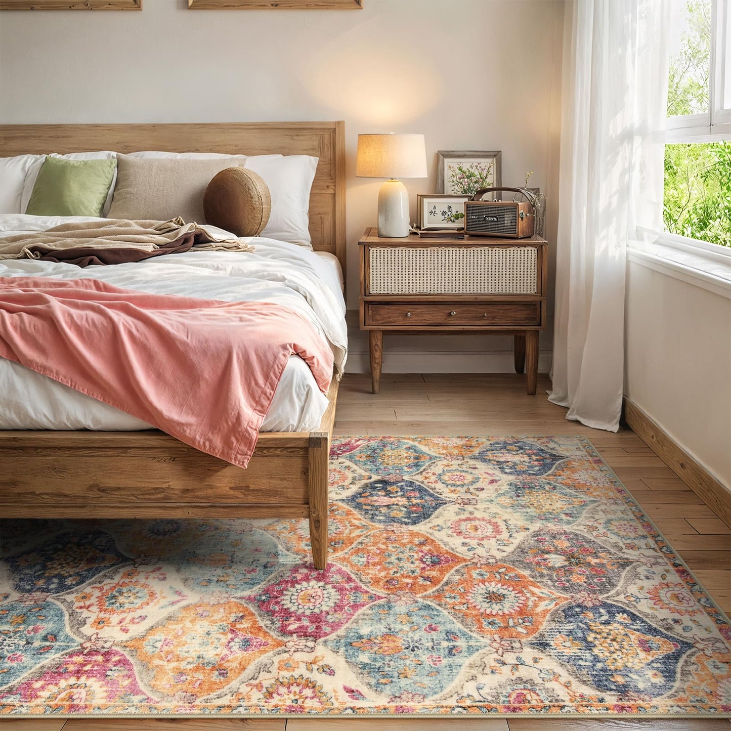 Lahome Moroccan Trellis Washable Area Rugs 5x7, 5x7 Area Rugs for Living Room Bedroom, Indoor Non-Slip Large Oriental Accent Throw Carpet for Kitchen Entryway Bathroom Office, Cream/Multi