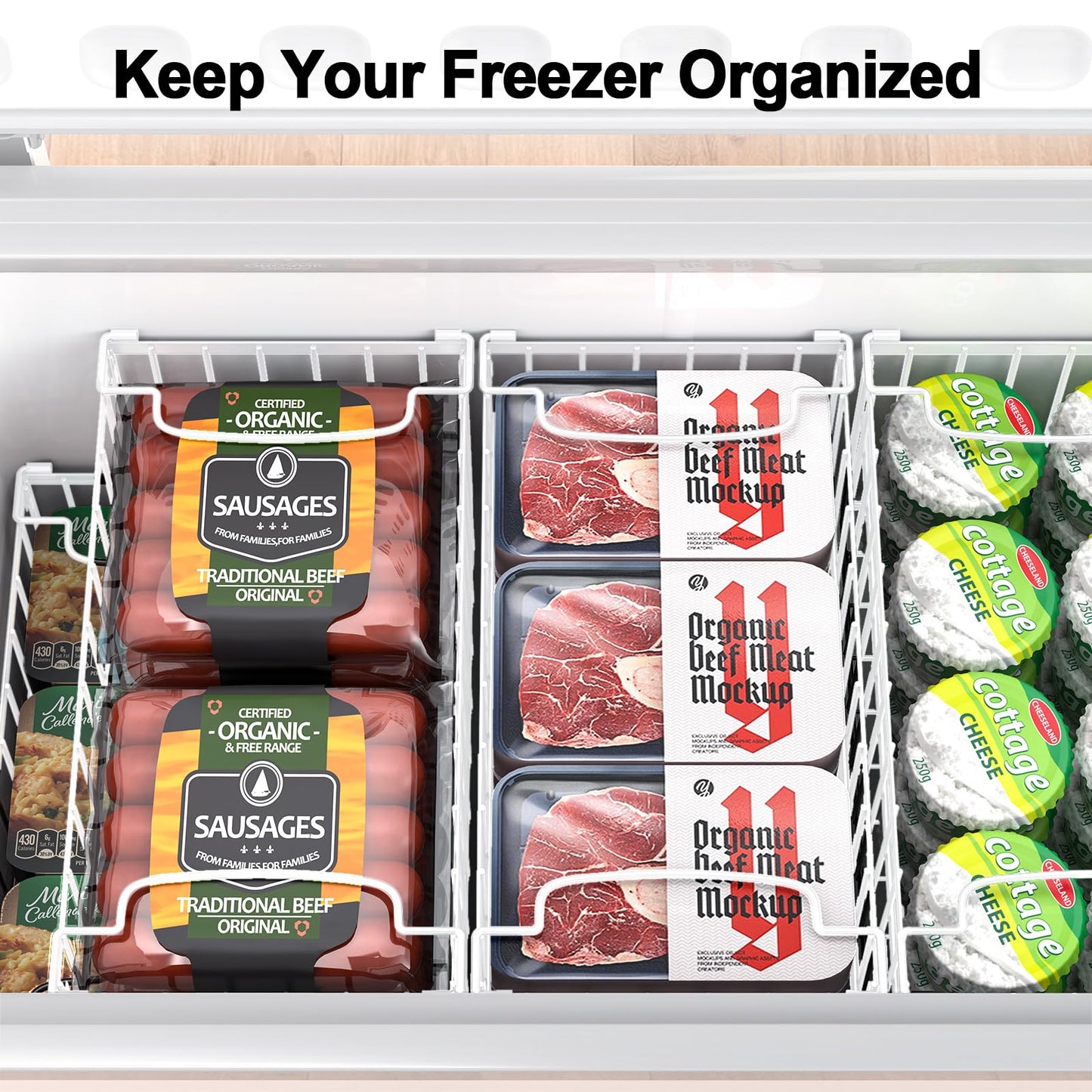 MSERCUOR Freezer Organizer Bins, 4 Pack Stackable Deep Chest Freezer Organizer Bins, Foldable Baskets with Handles, White Storage Container Baskets for 5/ 7 Cu.FT Sort Frezen Meats
