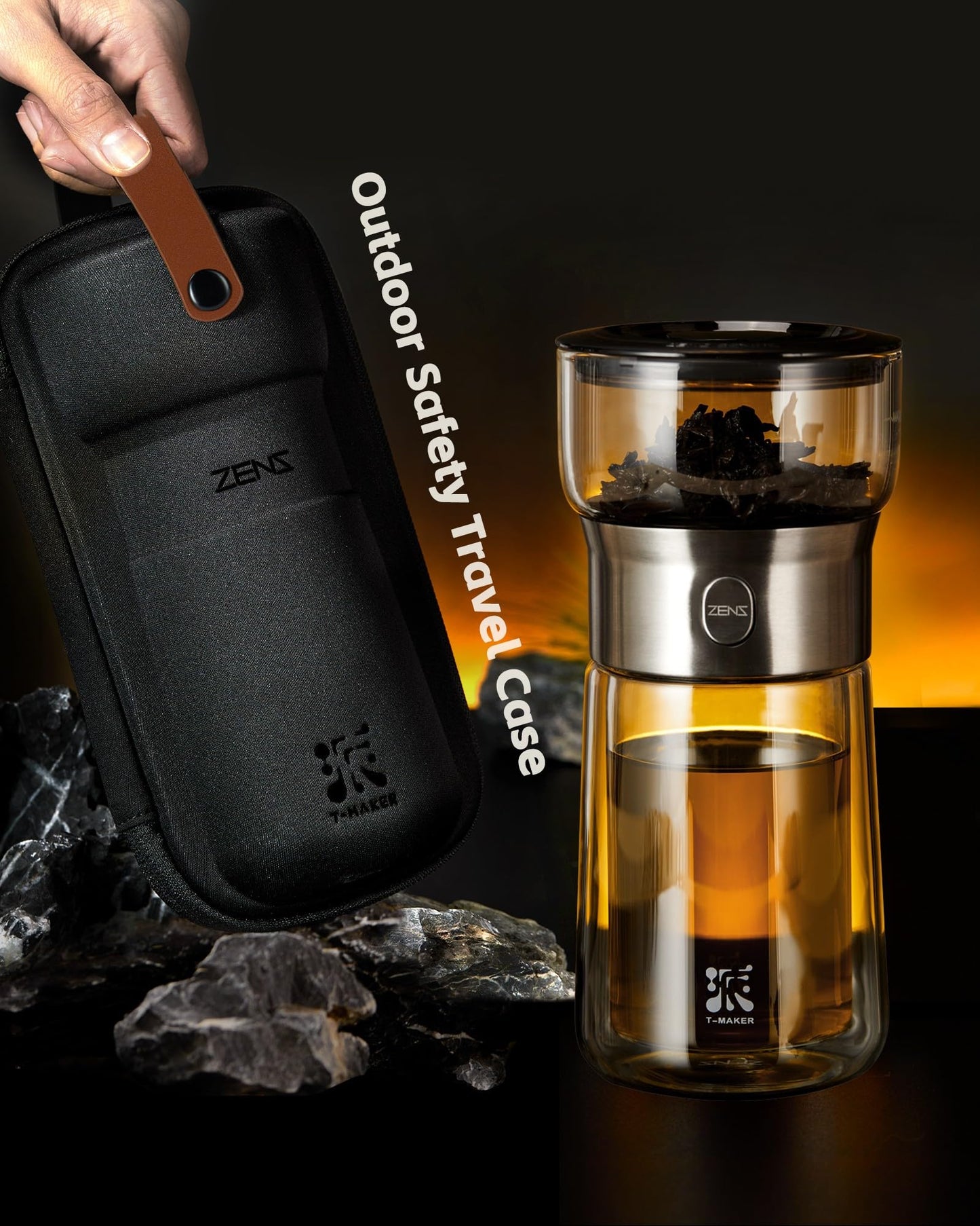 ZENS Modern Glass Tea Infuser Teapot, Smart One Touch Tea Maker for Loose Tea Diffusers with Insulated Mug and Portable Tea Kits, Cool Gongfu Tea Pot for Black Tea Lover Gifts