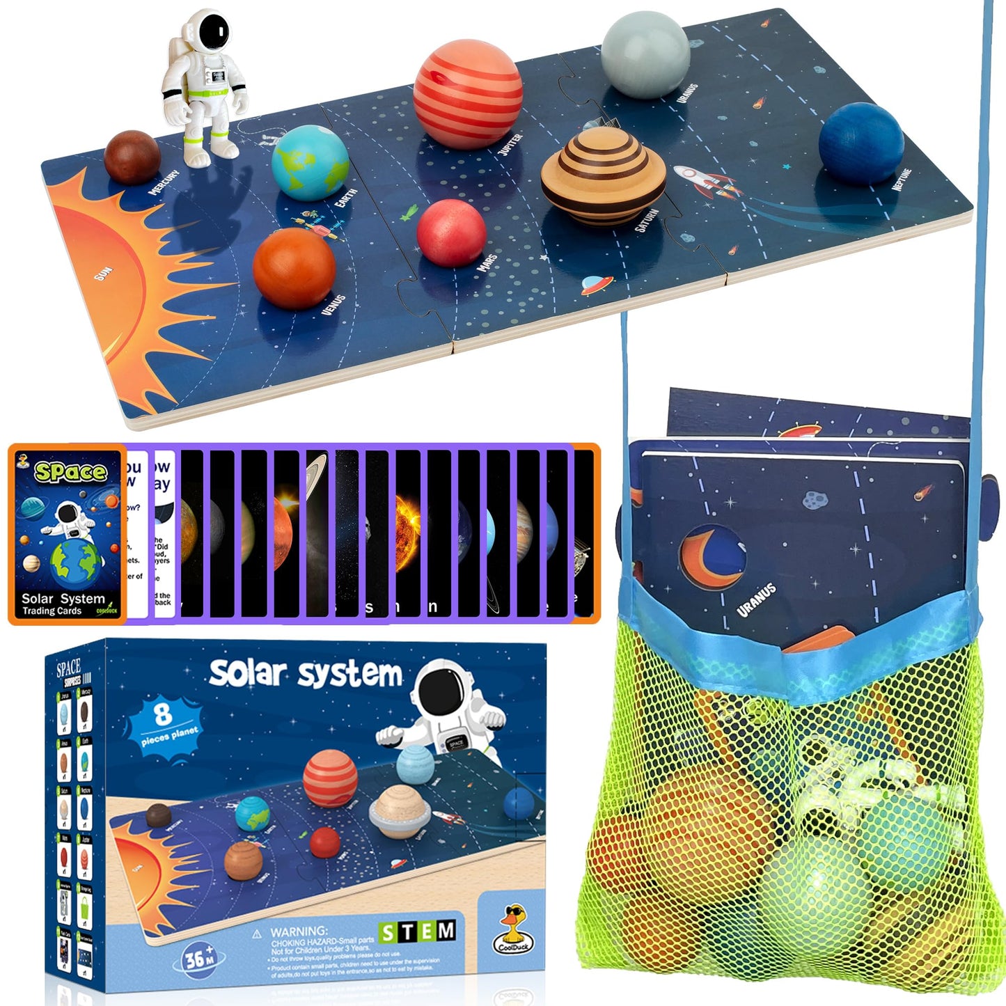 30 Pcs Wooden Solar System Model Board Toy Kit, Montessori Planet Balls Toys with Astronaut Figures, Preschool Learning Educational Puzzle, Space Knowledge Flash Cards Learning Toys for Kids