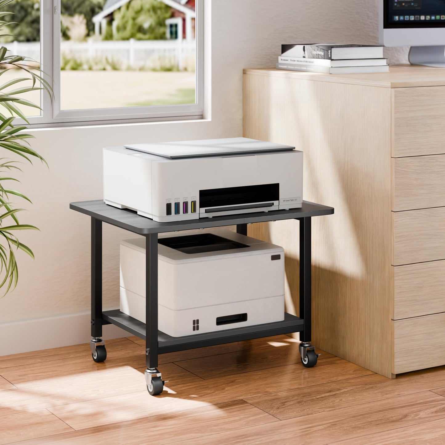 niffgaff Printer Stand with Lockable Wheels, 2-Tier Rolling Printer Cart with Storage Shelf, Compact Wood & Metal Printer Table for Home Office, Black, 20.1'' ×15.4'' ×14.6''