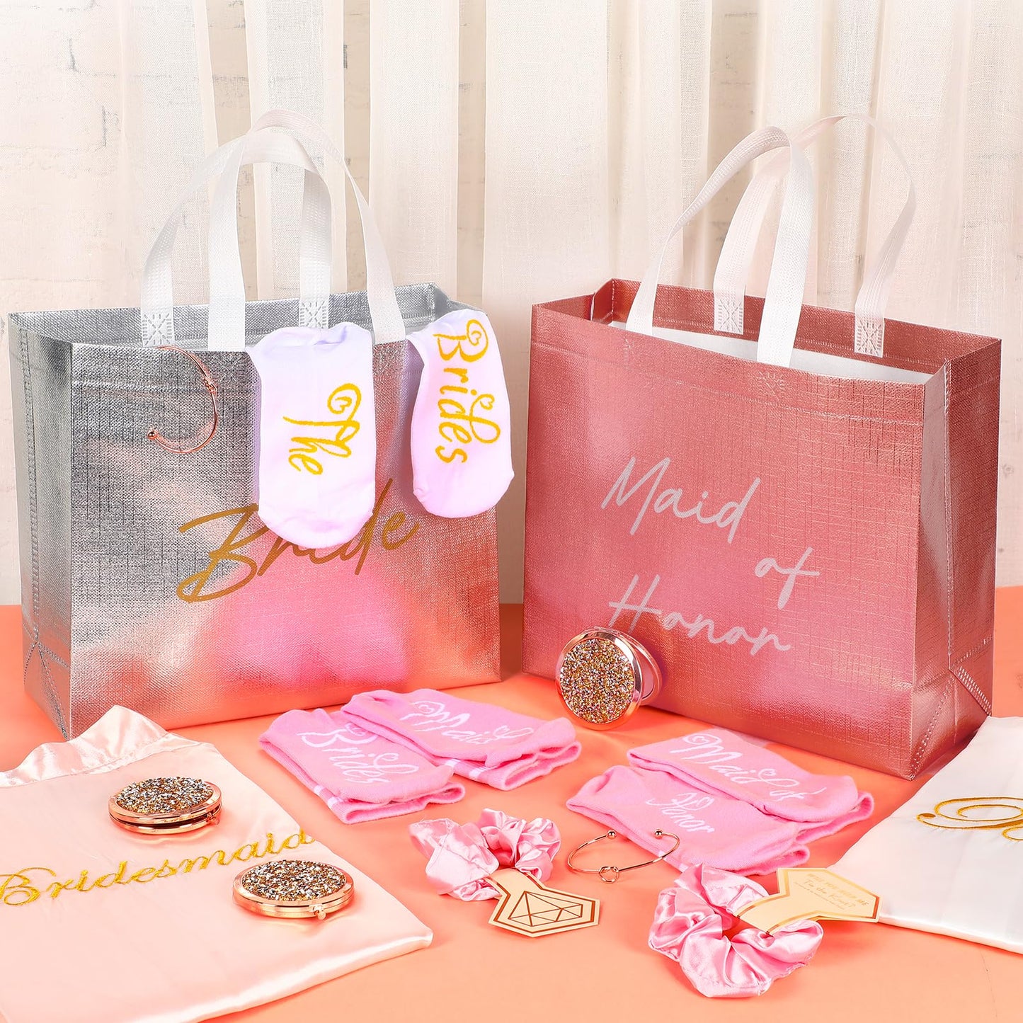Toulite 48 Pcs Bridesmaid Robe Sets Silk Satin Bride Party Robes with Bachelorette Gift Handbags Knot Bracelets Hair Ties Rhinestone Mirrors and Socks for Bridesmaid Wedding Bachelorette Party