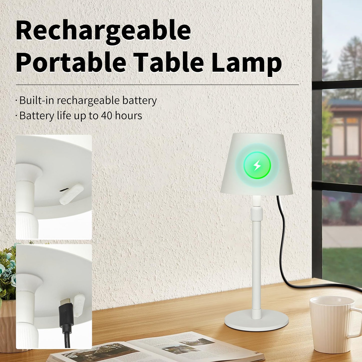 Mr.White Outdoor Waterproof Rechargeable Cordless Table Lamp with Telescopic Pole & Wicker Shade, 5200mAh Battery Operated Table Light with Touch Control, for Patio Restaurant Kitchen (White 2 Pack)