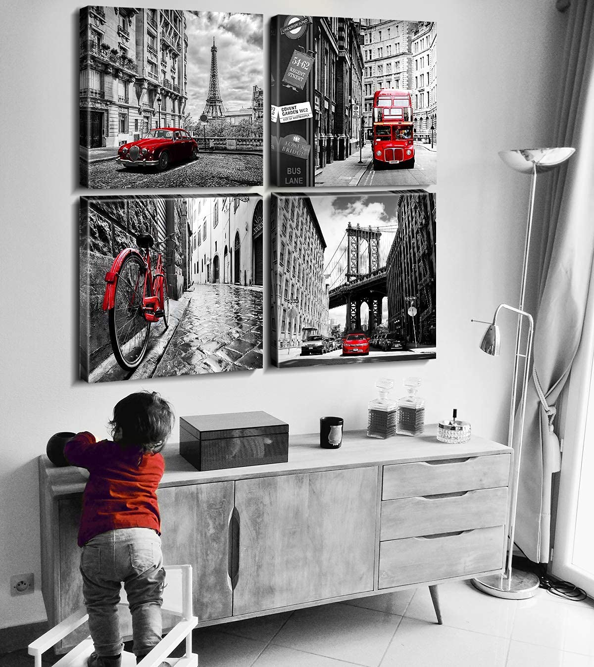 Black and White Canvas Wall Art Bedroom Decor Red City Landscape Pictures Prints Modern Artwork for Living Room Paris New York London Rome Contemporary Painting Kitchen Office Home Decorations 20x20"