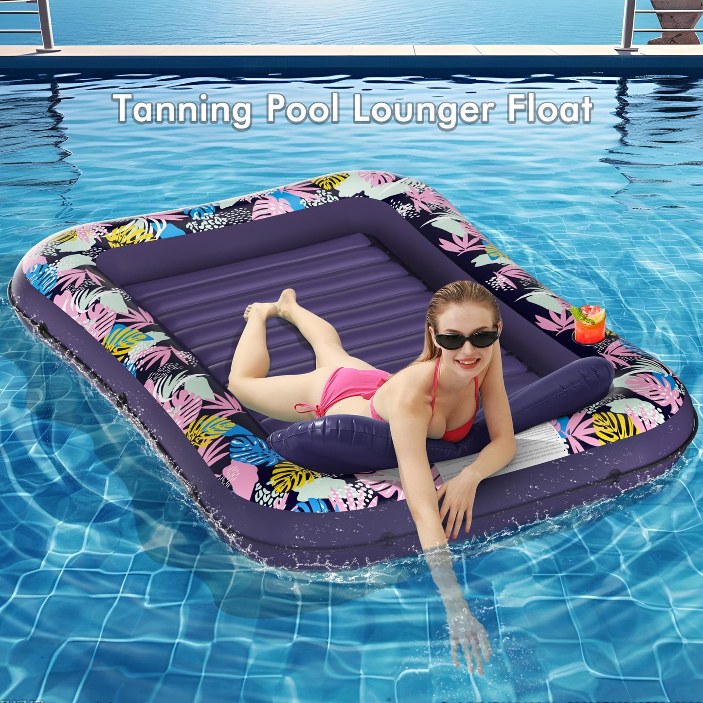 Tanning Pool Floaties for Adults, OKSUWATER Inflatable Tanning Pool Lounge Float with Removable Headrest & Drink Holder, Blow-Up Bed Sun Tan Tub for River & Lake Suntan Swimming Mattress（Purple-L）
