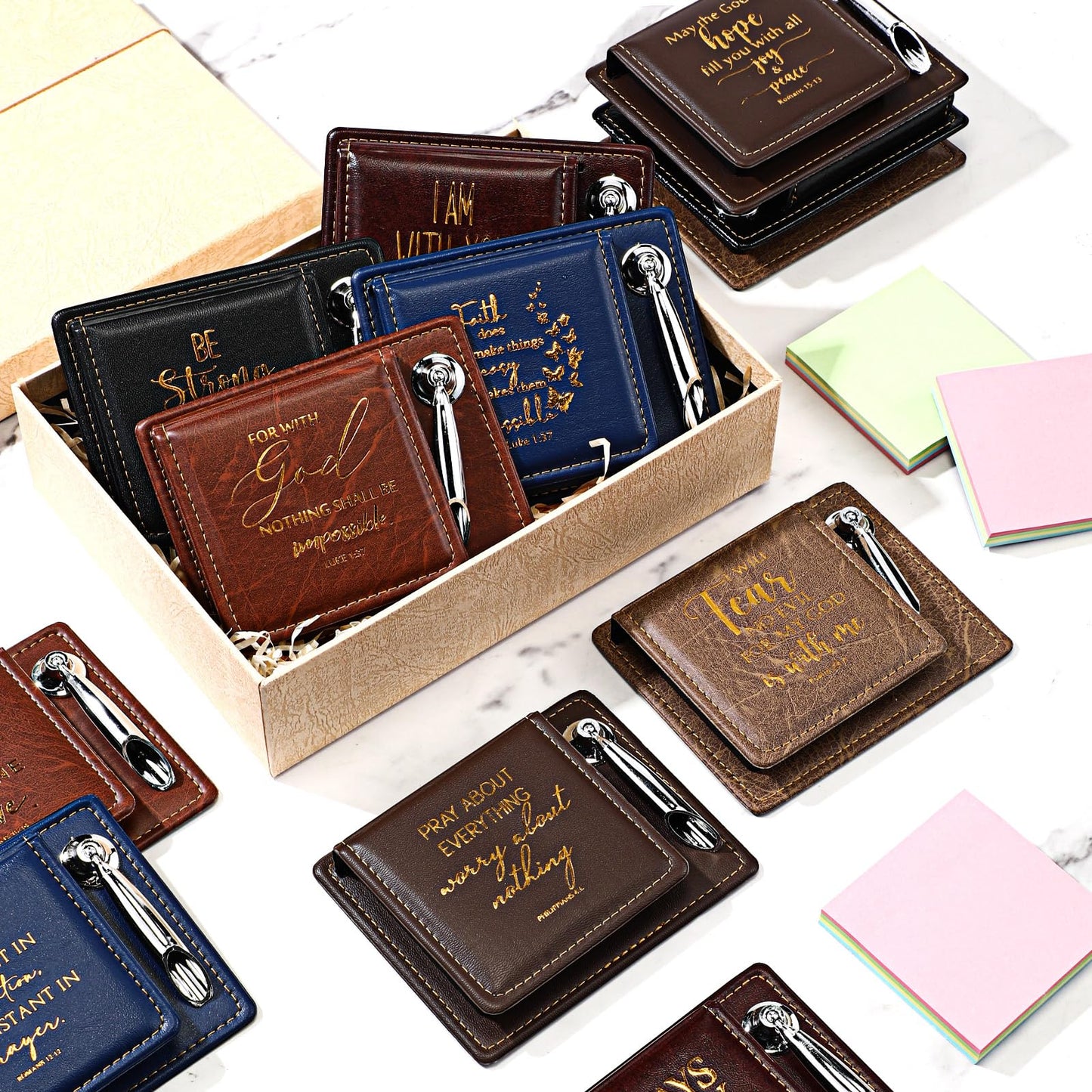 Spakon 12 Set Fathers Day Christian Gifts Bible Verse Sticky Note Holder for Inspirational Church Gifts PU Leather Box with Pen Holder for Church Religious Gift Mother Dad Women Men (Mixing Colors)