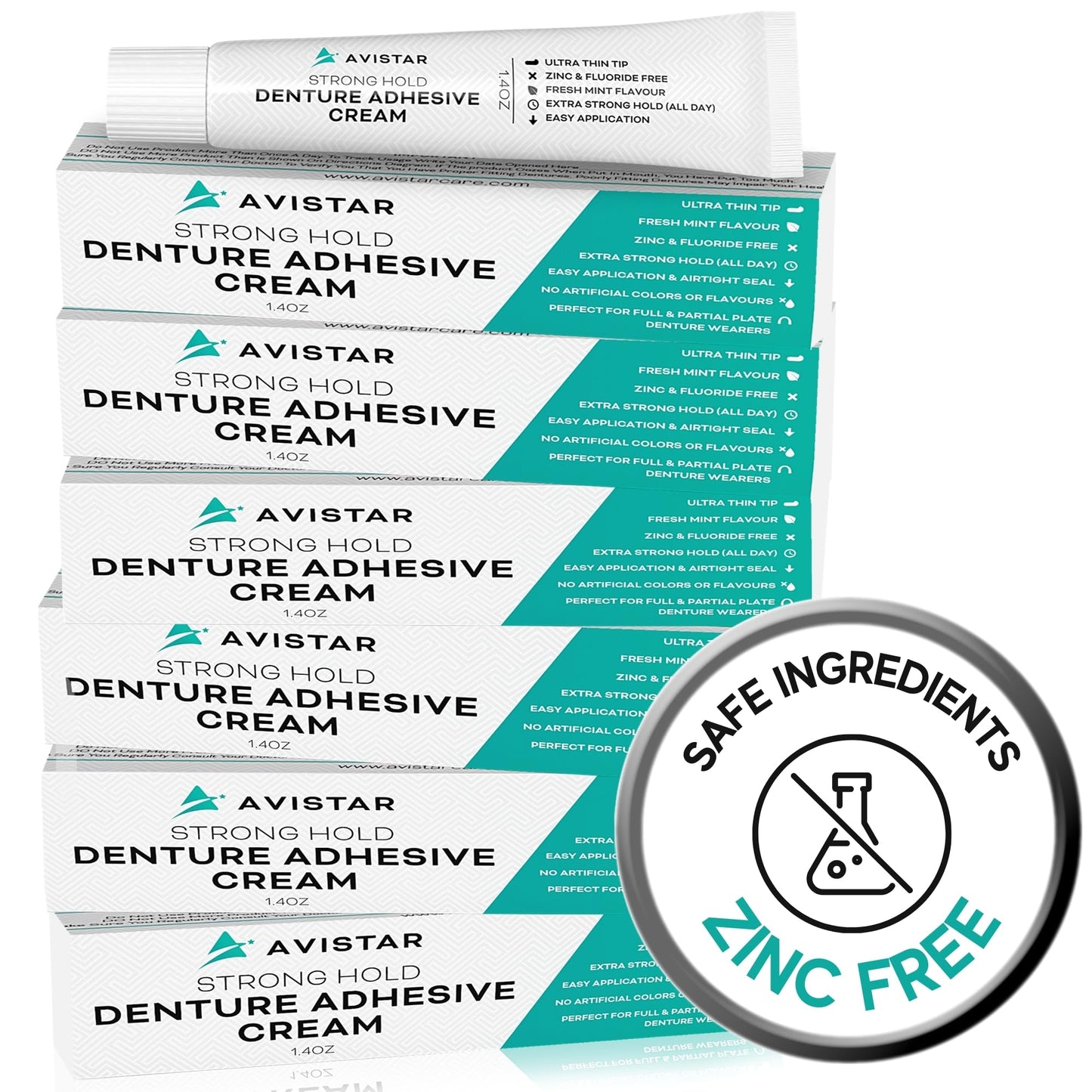 Extra Strong Denture Adhesive Cream, 12 Hour Hold Dental Glue, Waterproof, Zinc & Fluoride Free, Easy Apply Nozzle, Seals Food Out for Comfort, Mint Flavor (6 Pack, 4.2 Fl Oz)