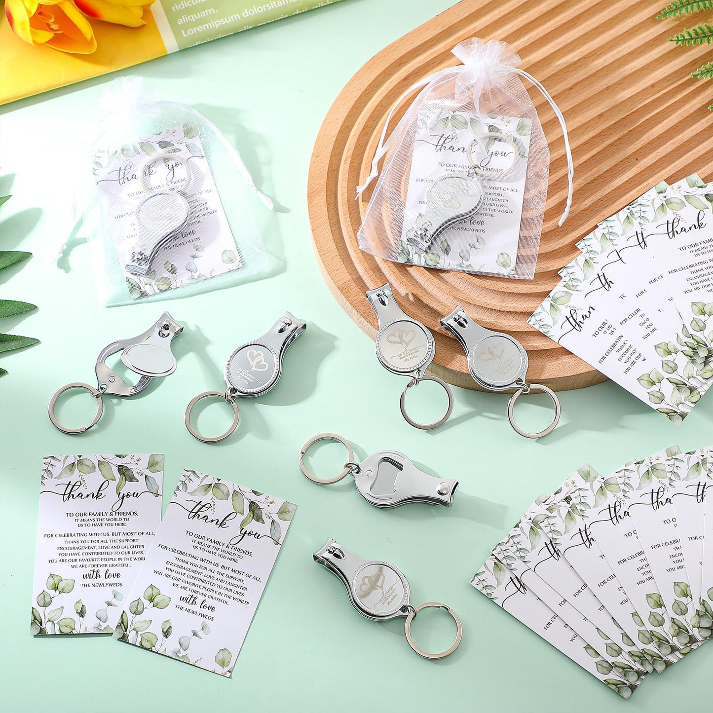 Fulmoon Wedding Multi Function Bottle Opener Nail Clipper Wedding Favors Brewery Cards White Organza Bags for Party Supplies Gift Souvenir Guests Men Women(100 Sets)
