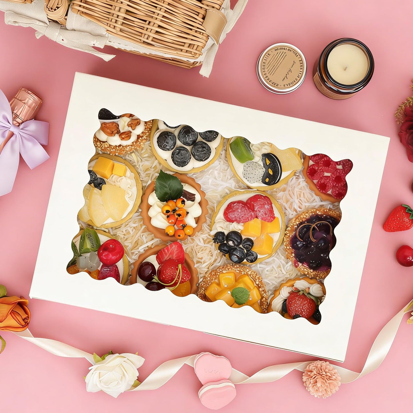 Moretoes 60pcs Cookie Boxes, 14x10x2.5 Inch Bakery Boxes with Window, for Donuts, Pies, Cakes, Muffins, and Pastries