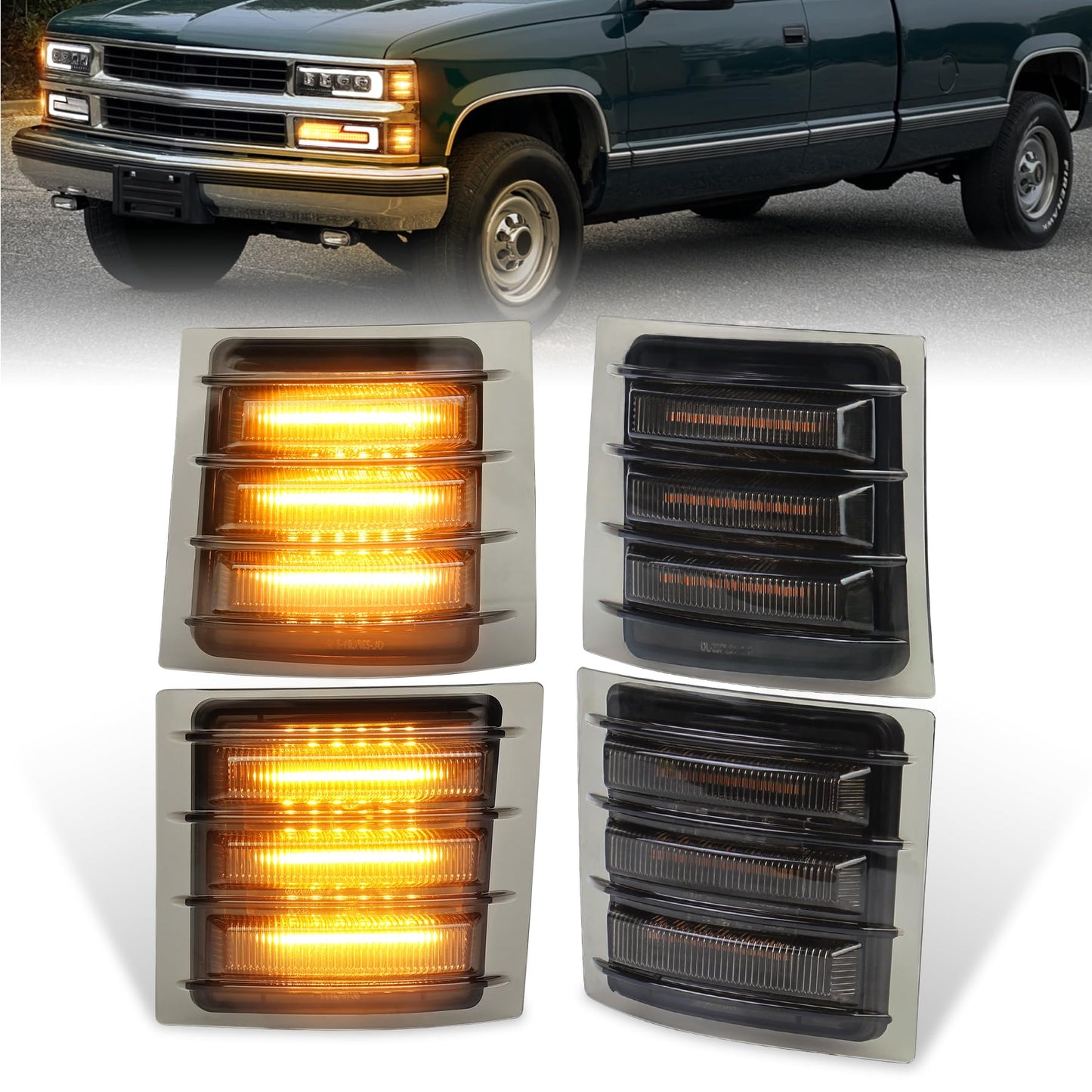 MOVOTOR LED Side Marker Lights with Amber Sequential Turn Signal Side Corner Lights Smoked Lens Compatible with 1994-1998 Chevy C/K 1500 2500 3500 Suburban Silverado Tahoe