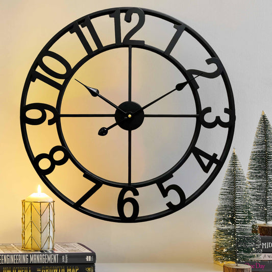 CLXEAST 24 Inch Wall Clocks for Living Room Decor, Large Black Metal Wall Clock Battery Operated, Silent/Non Ticking, Regular Arabic Numeral