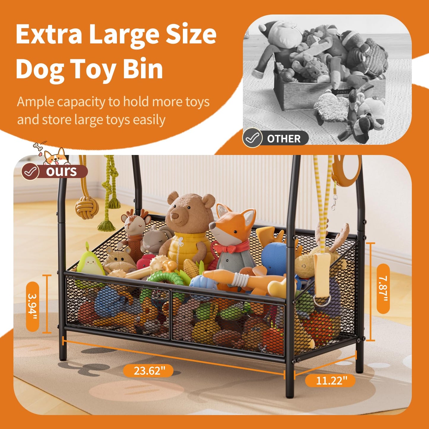Lomivra Full Metal Dog Toy Basket, 23.6"x11.2"x7.9" Large Dogs Toy Bin with Storage Organizer, Chew-Resistant Toy Box for Dog Stuff Accessories, Pet Toy Storage Holder for Cat Dogs Essential Supplies