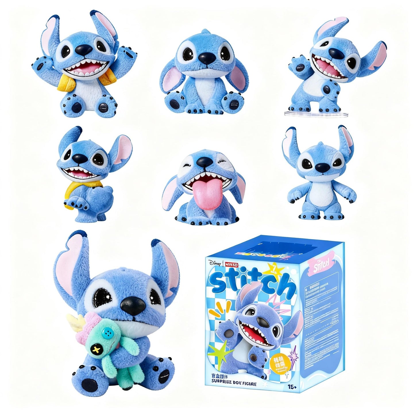 MINISO Disney Lilo & Stitch Flocked Plush Toy Surprise Box Figure Model Stitch Blind Box Toy Collectible Toy Surprise Figures for Room Decorations, Birthday Gifts (Random)