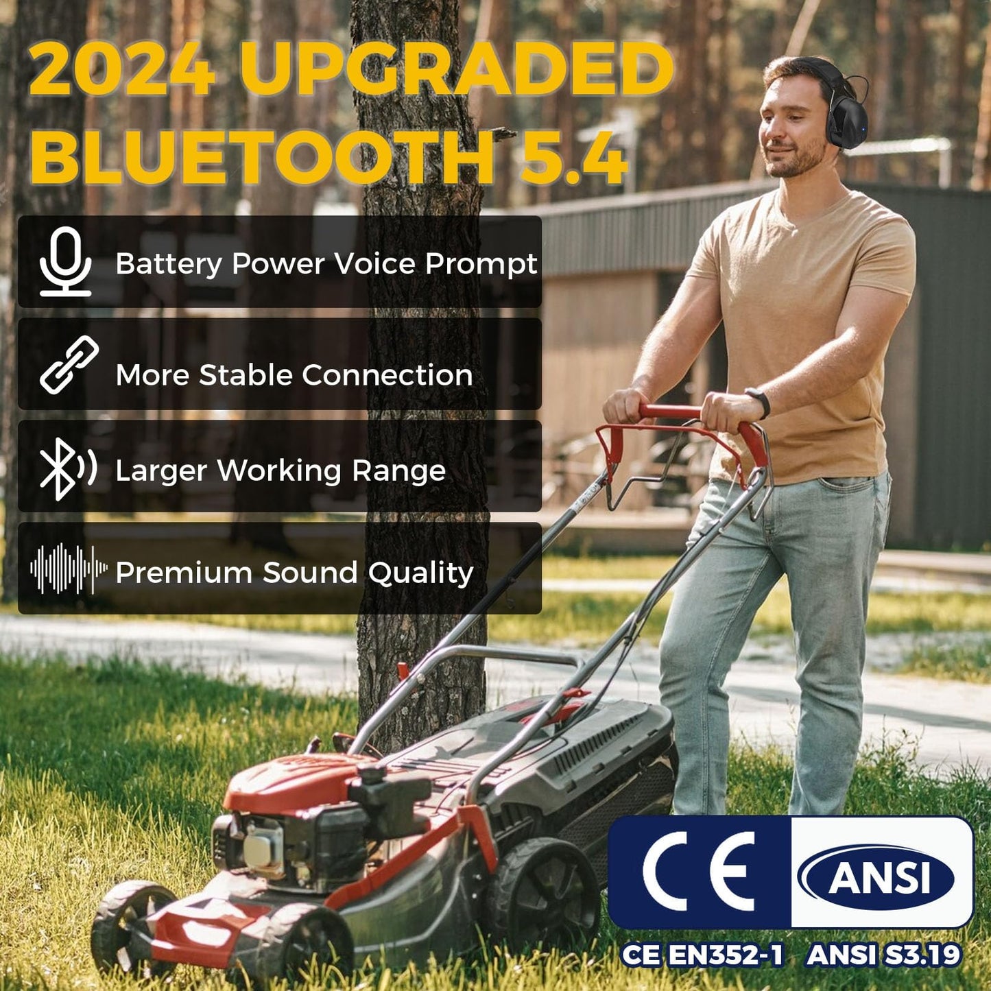 Kalence Gel Ear Pads Bluetooth 5.4 Hearing Protection Headphones, 30dB Noise Cancelling Headphones, 1200mAh Rechargeable Safety Earmuffs Bluetooth Ear Protection for Mowing