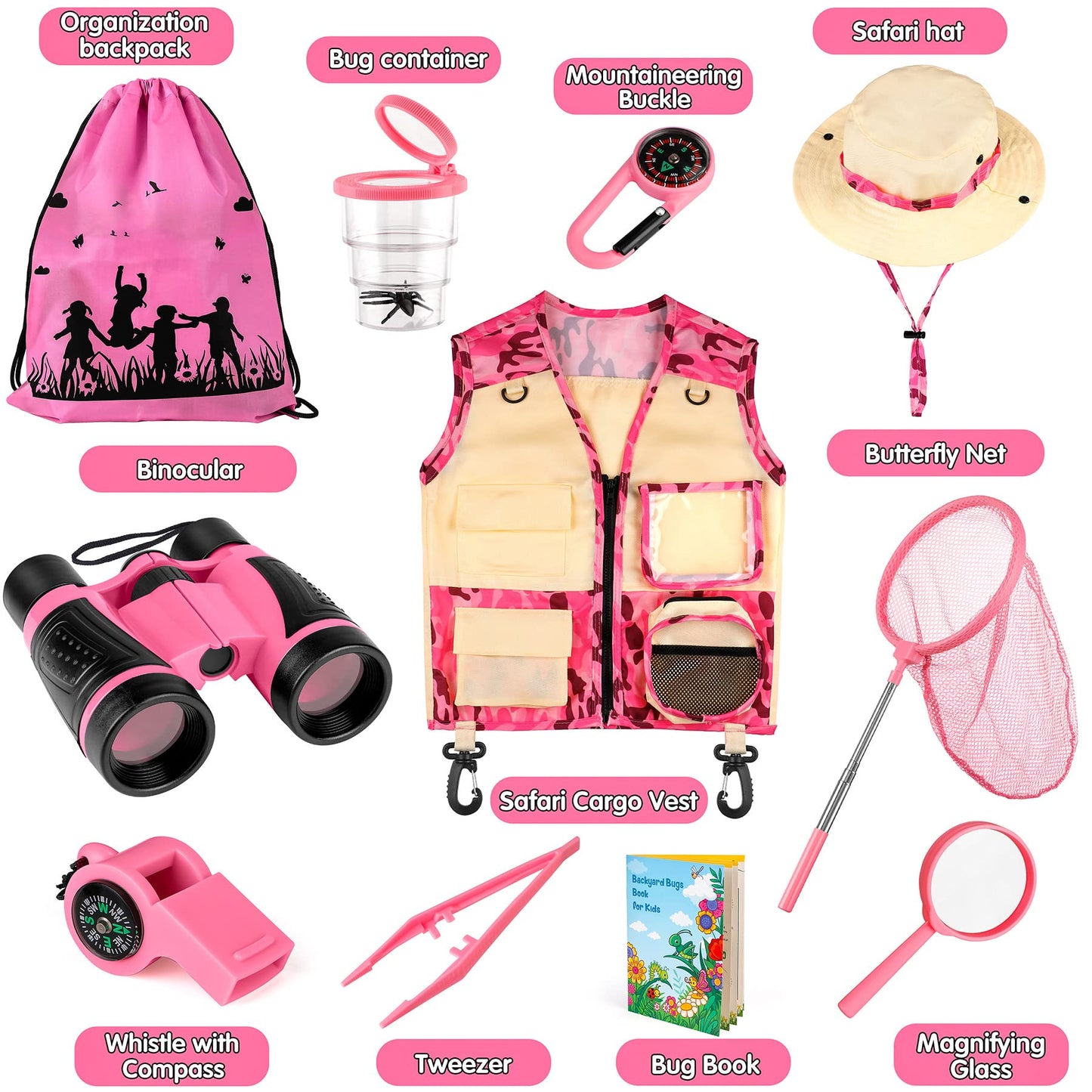 INNOCHEER Kids Explorer Kit - Bug Catcher Kit & Safari Costume for Boys Girls, Outdoor Exploration Set with Butterfly Net Binoculars for Kids 3-12 Years Old (Camouflage Pink)