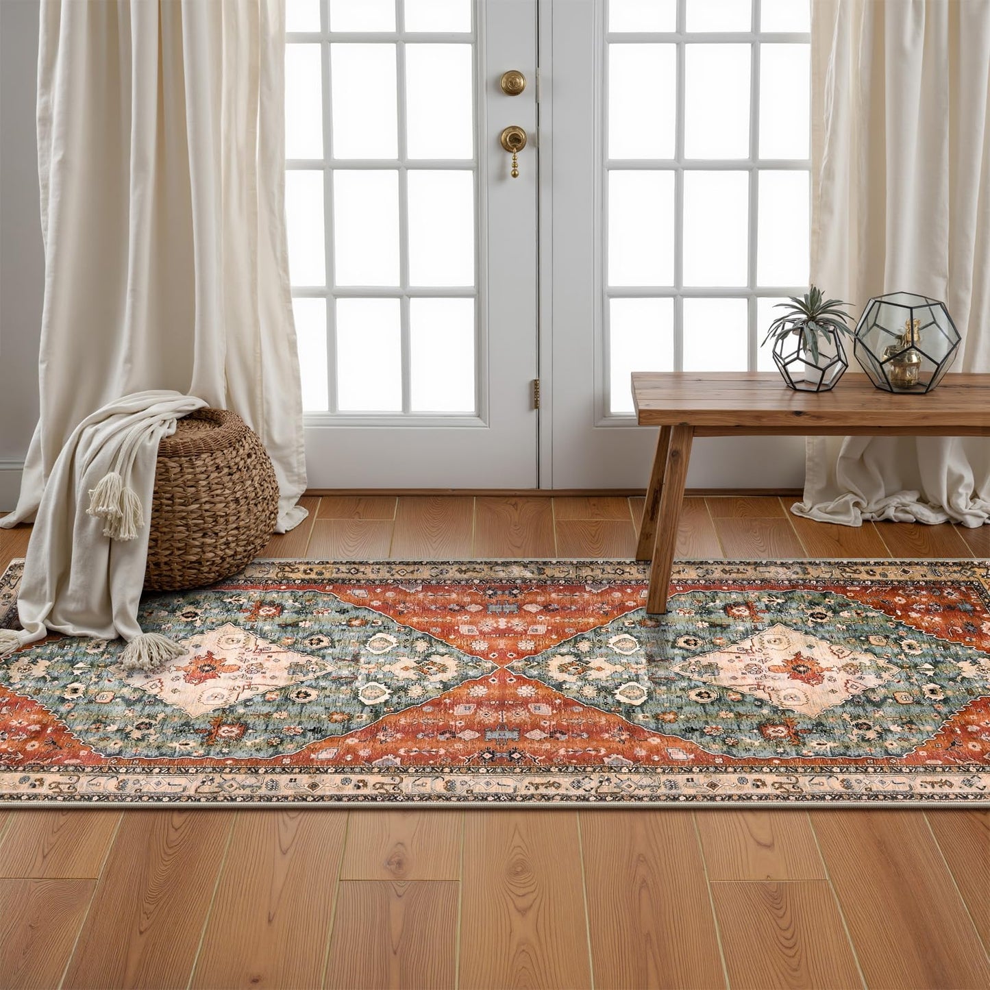 Lahome Boho Tribal 2x5 Kitchen Runner Rugs Non Skid Washable, Soft Runners for Hallways, Oriental Long Bathroom Floor Throw Carpet Runner for Entryway Laundry Room Bedroom (Rust/Dull Teal,2x5ft)