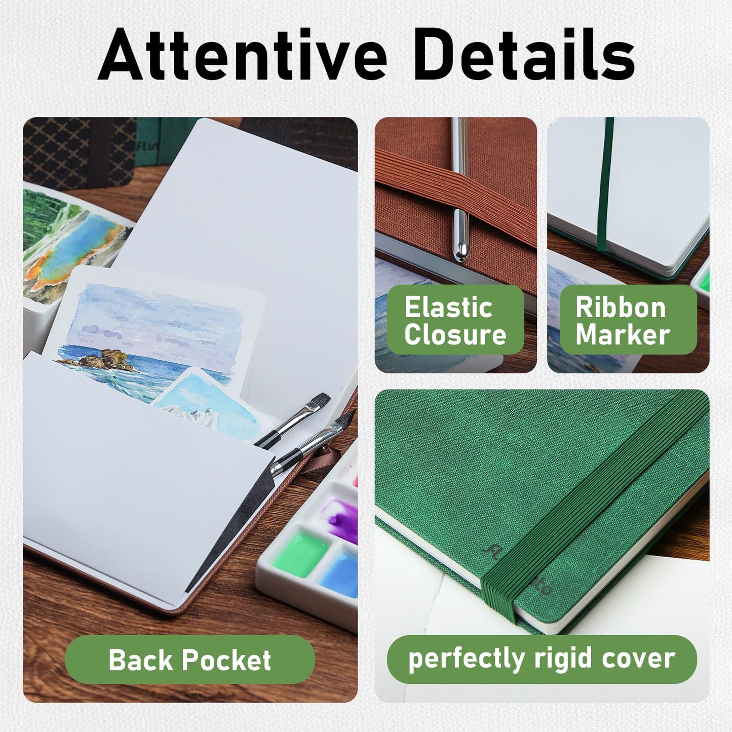 Watercolor Journal 8.3"x5.8"- 100% Cotton, 24 Sheets 48 Pages, 140LB/300GSM Cold Press, with Inner Pocket and Wide Elastic Band - Perfect for Watercolor, Gouache, Acrylic, Ink & Mixed Media