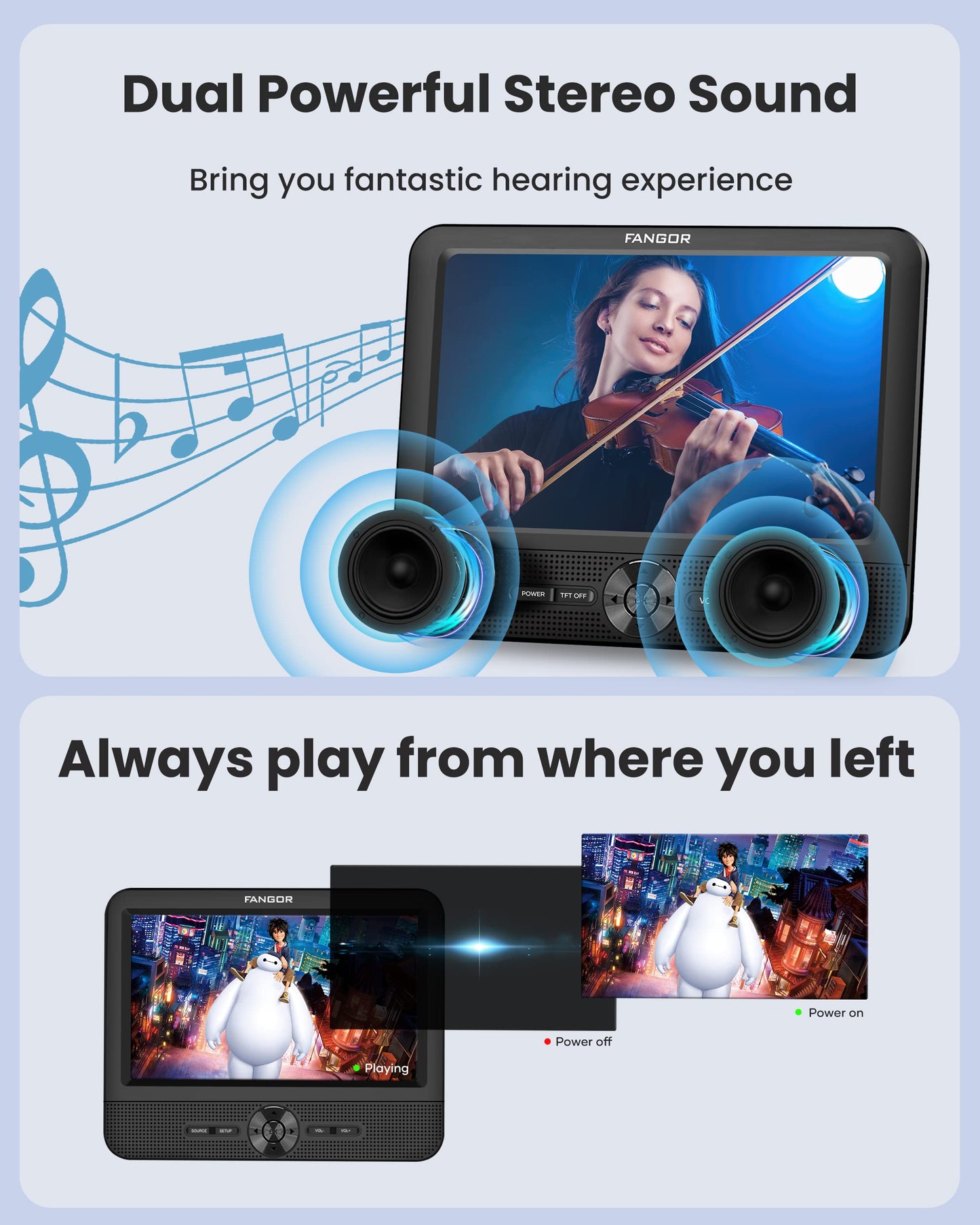 FANGOR 7.5’’ Dual Car DVD Player, Portable DVD Player for Car with 5H Battery, Last Memory, AV Out & in, Support USB/SD/Sync TV (1 Player+1 Monitor)