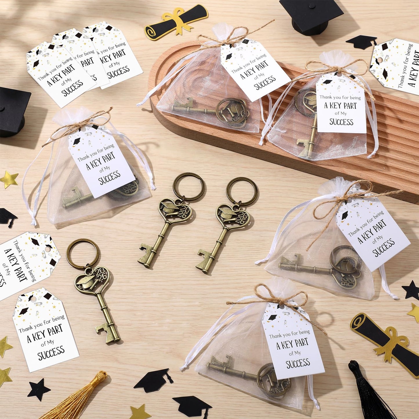 Misdary 50 Sets Graduation Party Favor for Guest 2026 Graduation Cap Bottle Opener Keychains with Thank You Card Organza Bags Class of 2026 College Celebration Party Supplies (Bronze)