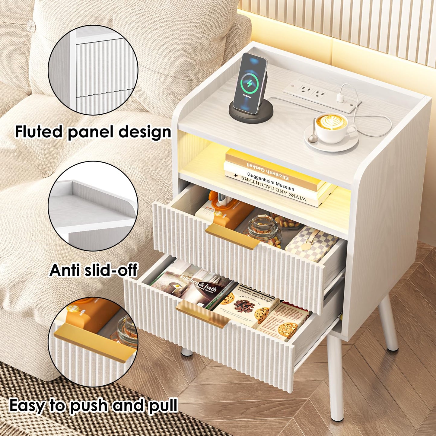 Fixwal White Fluted Nightstand with Charging Station, LED Night Stand with 2 Wood Drawers for Bedroom, Modern Bedside Table, 15.7 x 11.8 x 25.6in
