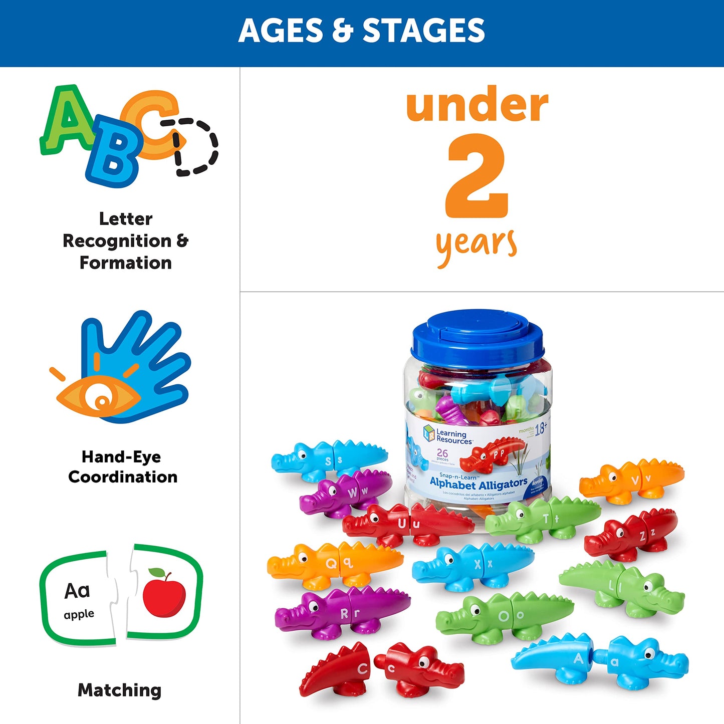 Learning Resources Snap-n-Learn Alphabet Alligators, Fine Motor Toy, 26 Double-Sided Pieces, Ages 18 Months +