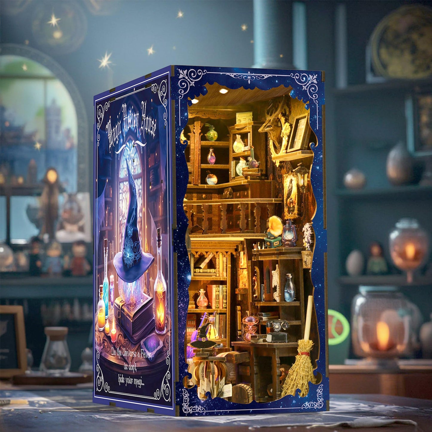 DIY Book Nook Kit for Adults, 3D Wooden Puzzle Bookshelf Insert Decor with LED Light & Stickers, Dust Cover,Miniature House Craft Gifts for Family,Friends and Book Lovers（Magic Potion House）