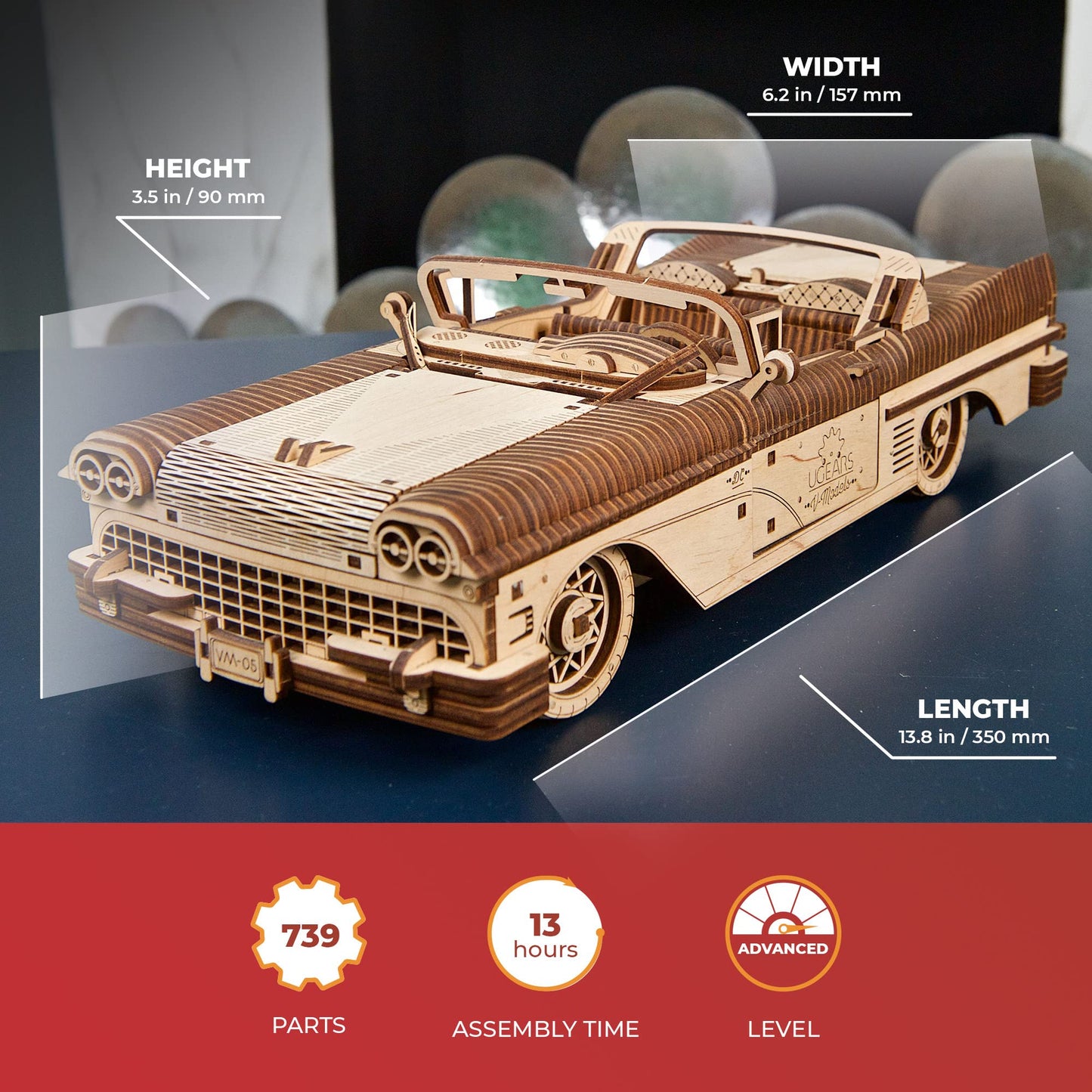 Ugears 3D Puzzles for Adults Dream Cabriolet Mechanical Models Wooden Puzzle Brain Teaser Construction Craft Kits for Adults DIY Puzzle Learning Toys for Kids Woodcraft Convertible Car Building Set