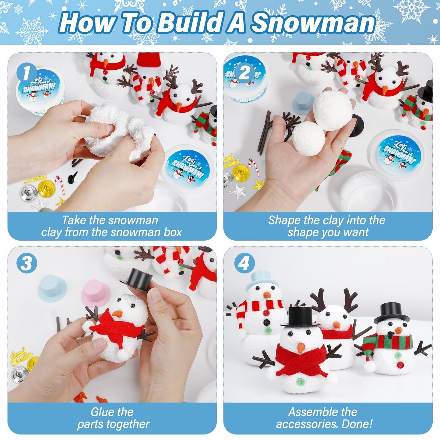 24 Pack Build a Snowman Kit, Christmas DIY Snowman Crafts for Kids Bulk, Snowman Kit Winter Decorations Indoor, Creative Kids Air Dry Clay Modeling Crafts Kit for Christmas Kids Gifts Favor Supplies