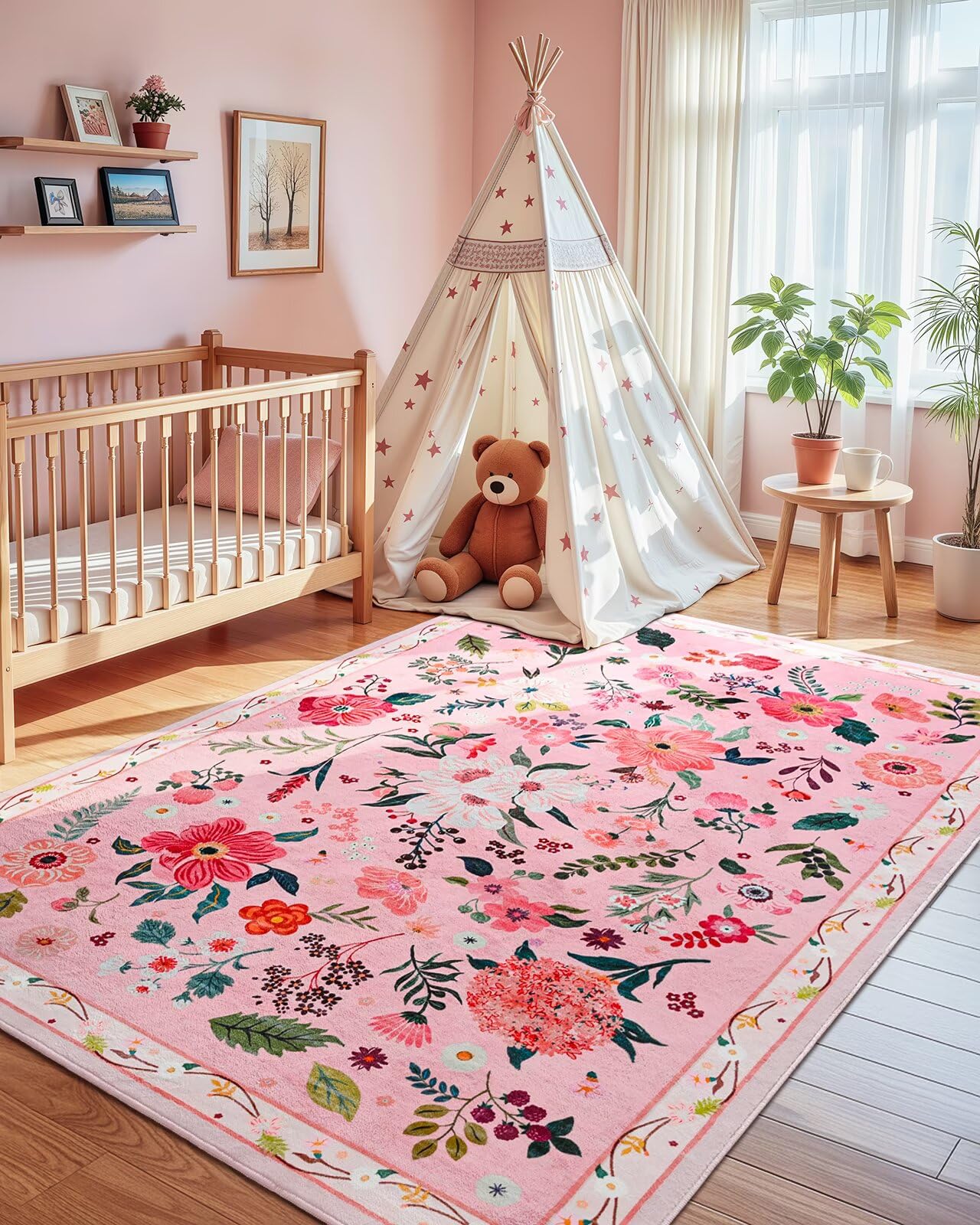 Macgace 5x7 Pink Floral Rug for Living Room, Machine Washable Area Rugs with Non Slip Backingfor Girls Bedroom, Cute Flowers Carpet Kitchen Dining Room Kids Playroom Decor