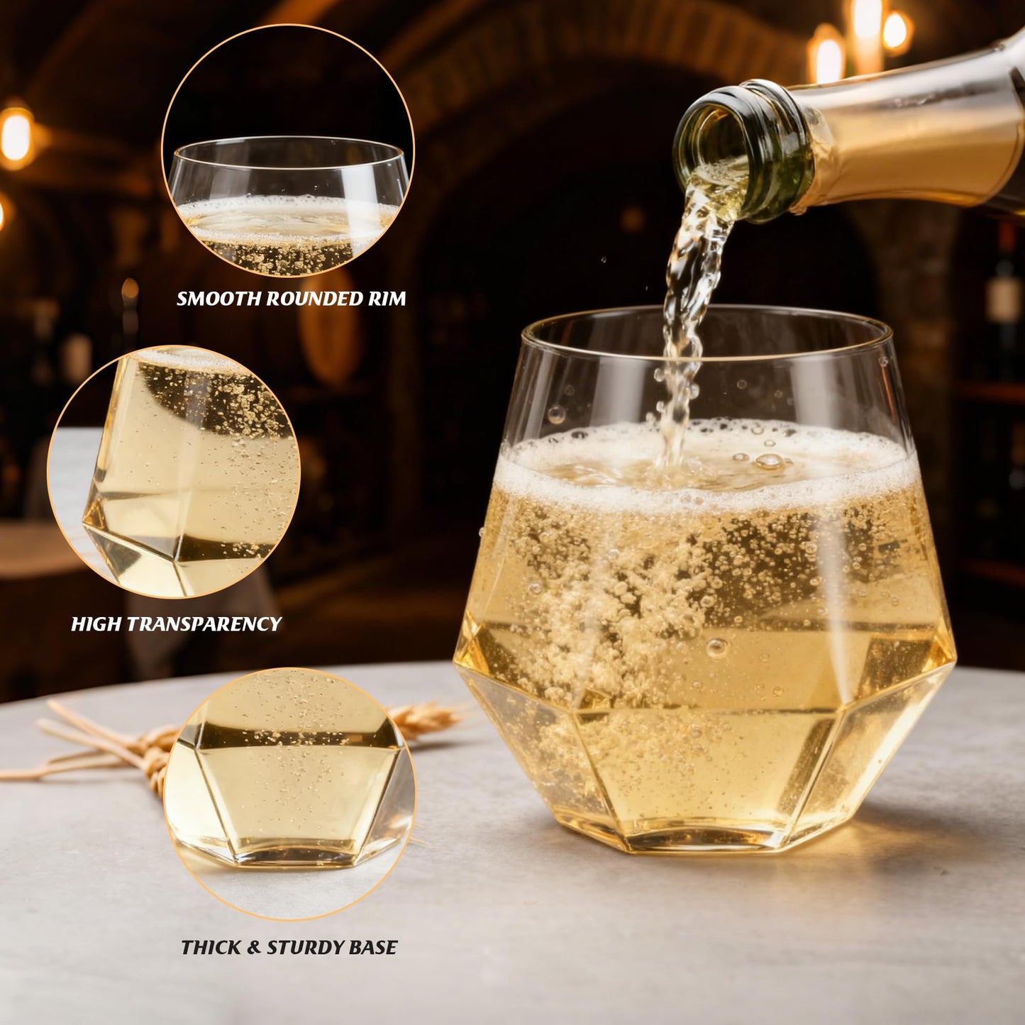 40 Pack 12oz Diamond Plastic Wine Glasses, Disposable Stemless Wine Cups - Shatterproof, Unbreakable & BPA-Free, Recyclable Drinkware for Wedding Reception, Birthday Party, New Year, Holidays & Events