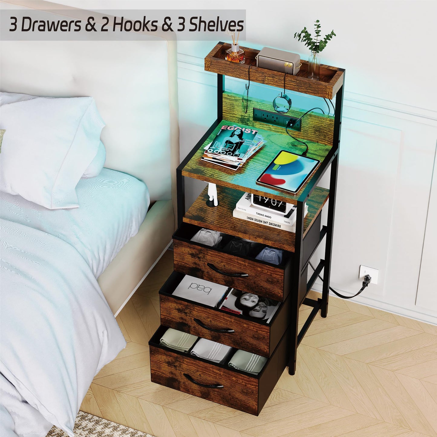 SZLHANJZ Night Stand, Nightstand with Charging Station, 3 Drawers Night Stand with Storage and LED Lights, 3 Shelves and Hooks, End Side Table for Bedroom, Rustic Brown