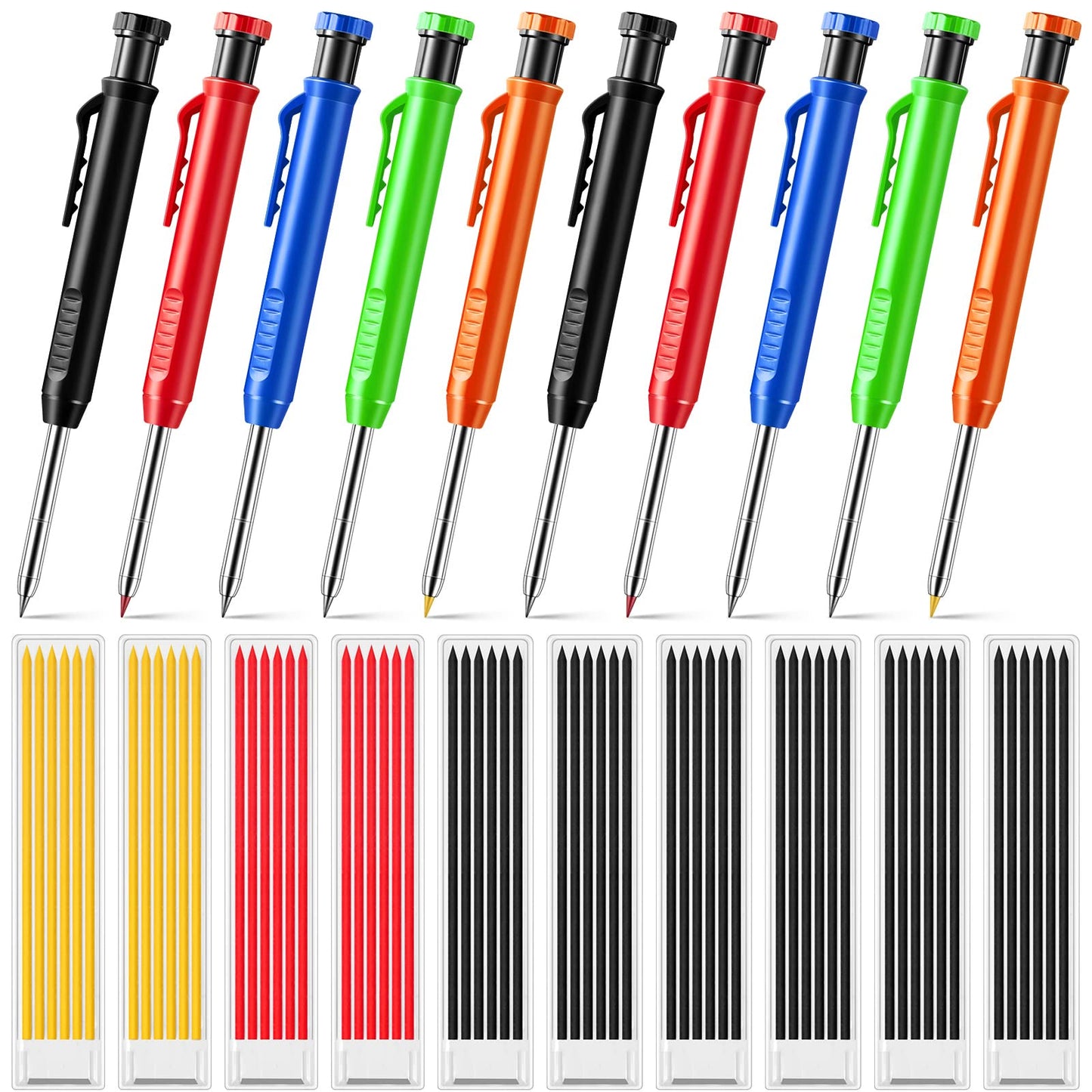 Sabary 10 Pcs Solid Carpenter Pencils with 60 Pcs 2.8mm Refills Long Nosed Deep Hole Mechanical Pencil Marker Construction Pencils with Built in Sharpener for Woodworking Drafting Architect Tool