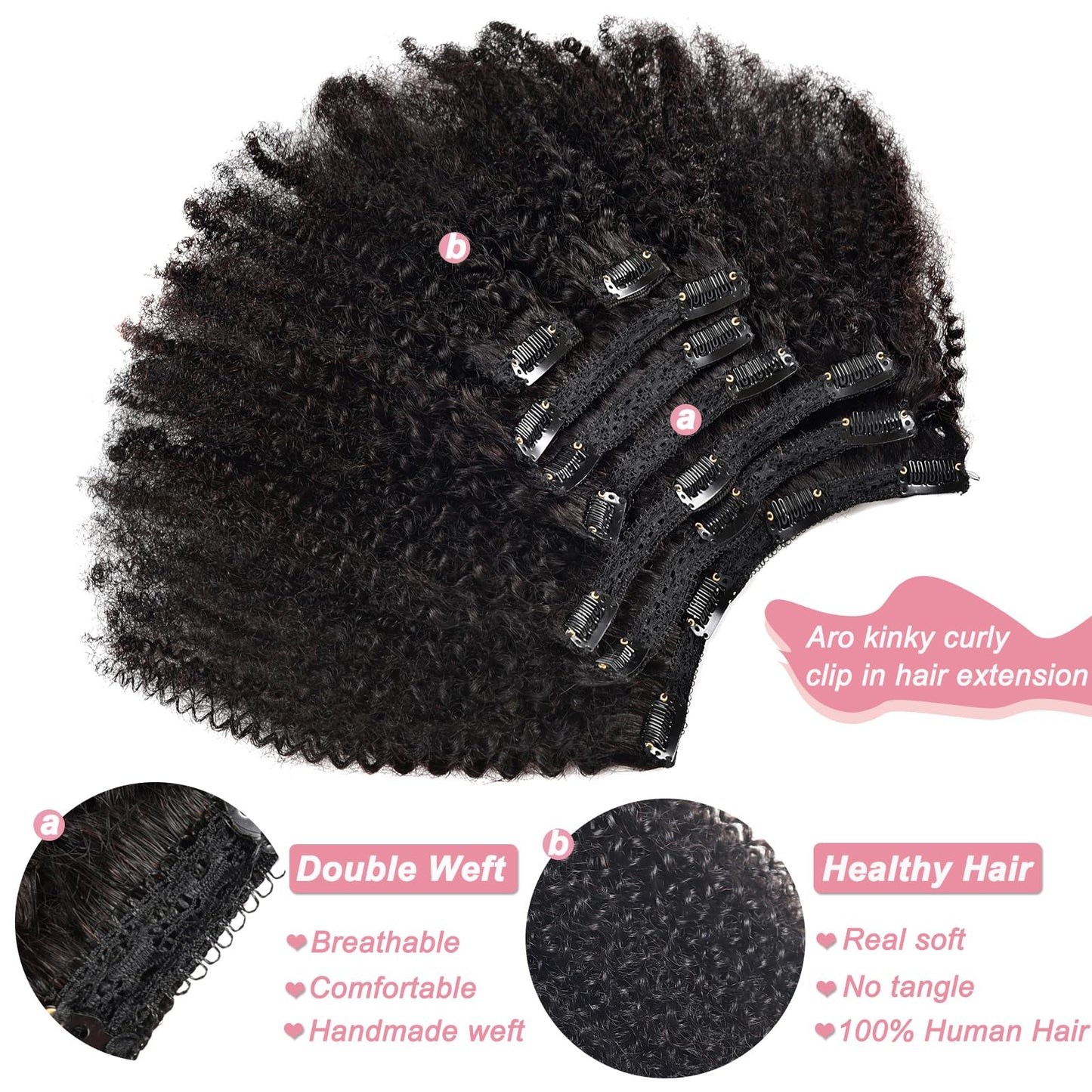 Afro Kinky Curly Clip in Hair Extensions Real Human Hair(12 Inch)8Pcs with 18 Clips 120g/set 10A Brazilian Remy Hair,4B 4C Kinky Curly Clip Ins for Black Women Natural Color